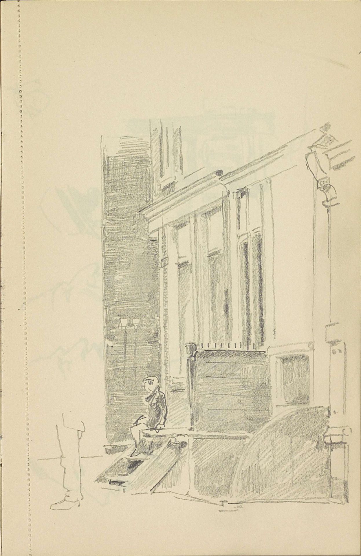 Zittende figuur op een trap voor een huis by Cornelis Vreedenburgh