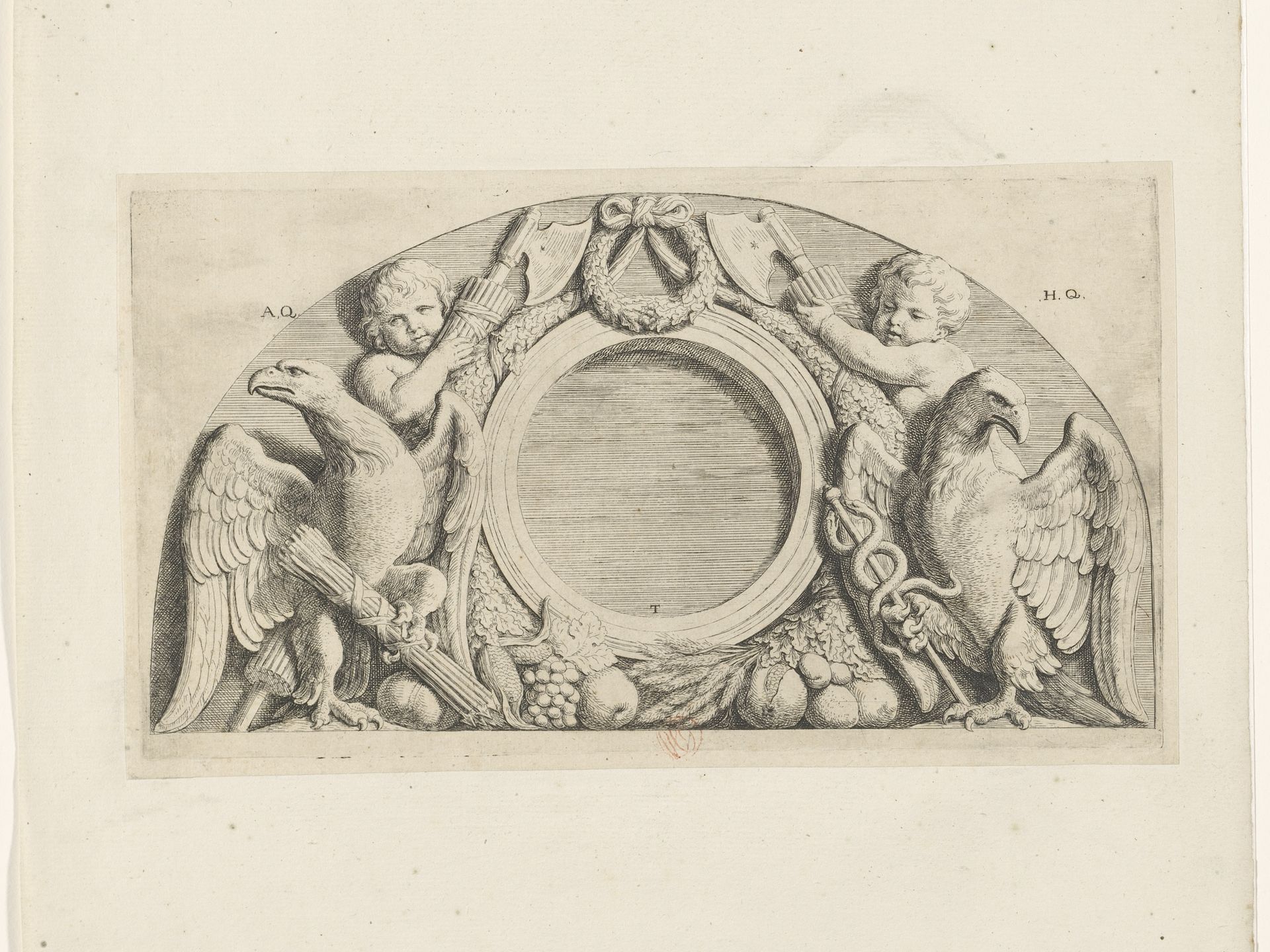 Lunette met putti, fasces en adelaars in de Burgerzaal van het Stadhuis op de Dam by Hubert Quellinus