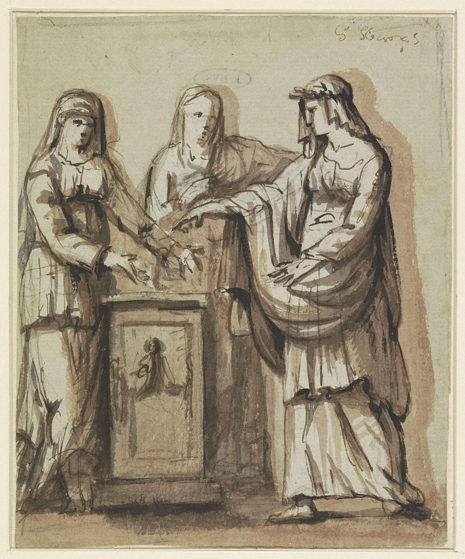 Drie priesteressen bij een offeraltaar by Willem Jacob Herreyns