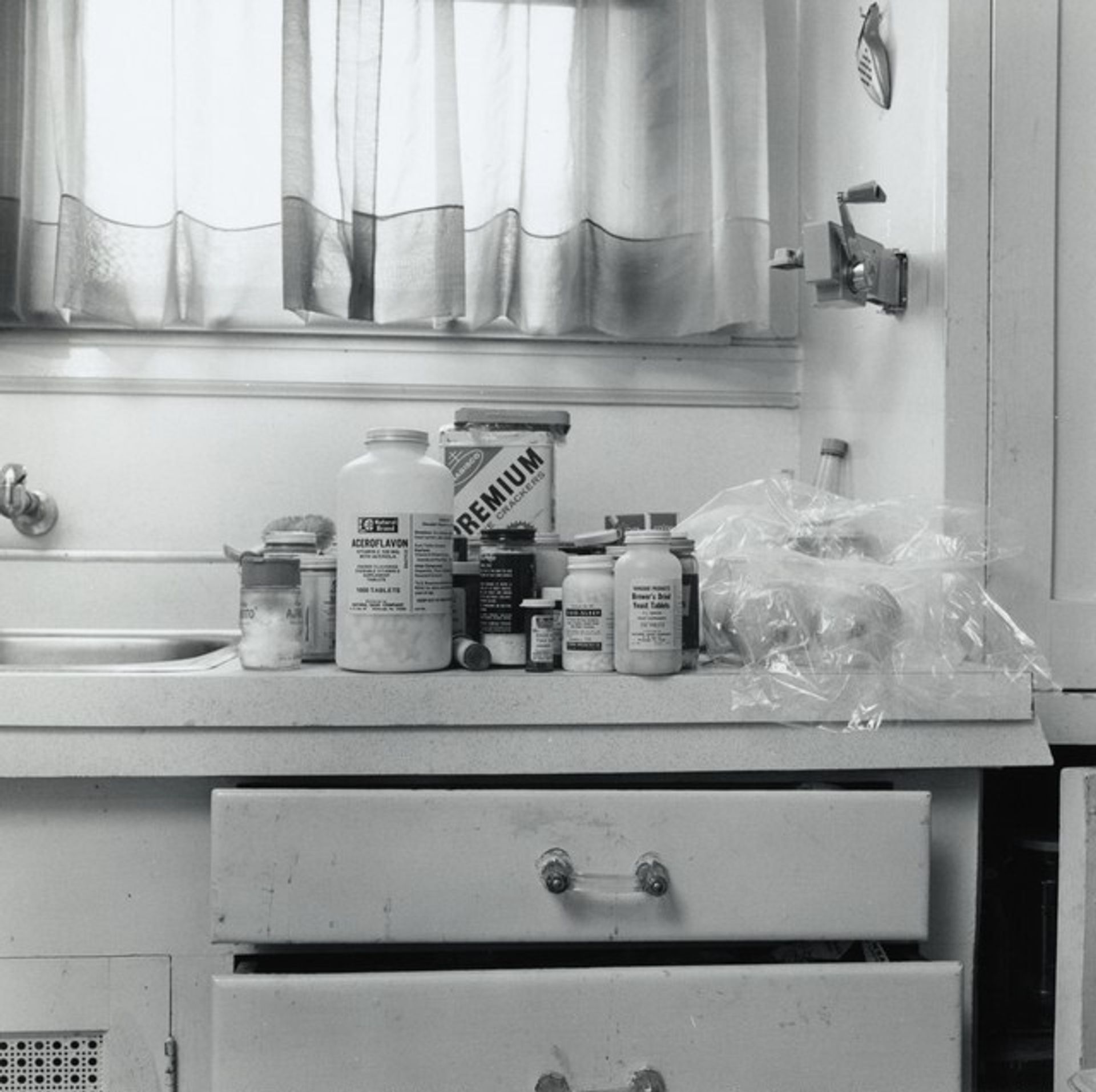 Countertop with Premium Crackers and Pills–and Can Opener by Joanne Leonard