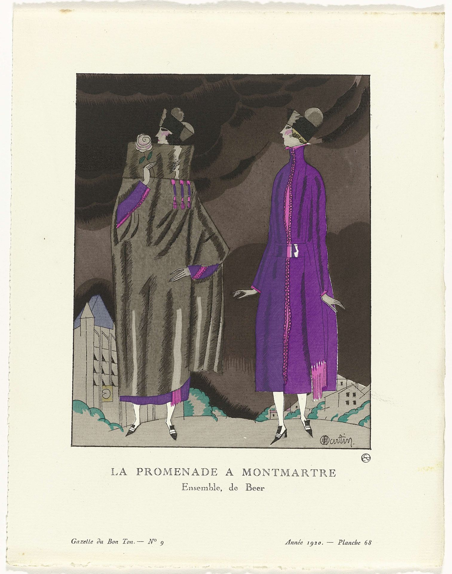 Gazette du Bon Ton, 1920 - No. 9, Pl. 68: La promenade a Montmartre / Ensemble, de Beer by Charles Martin