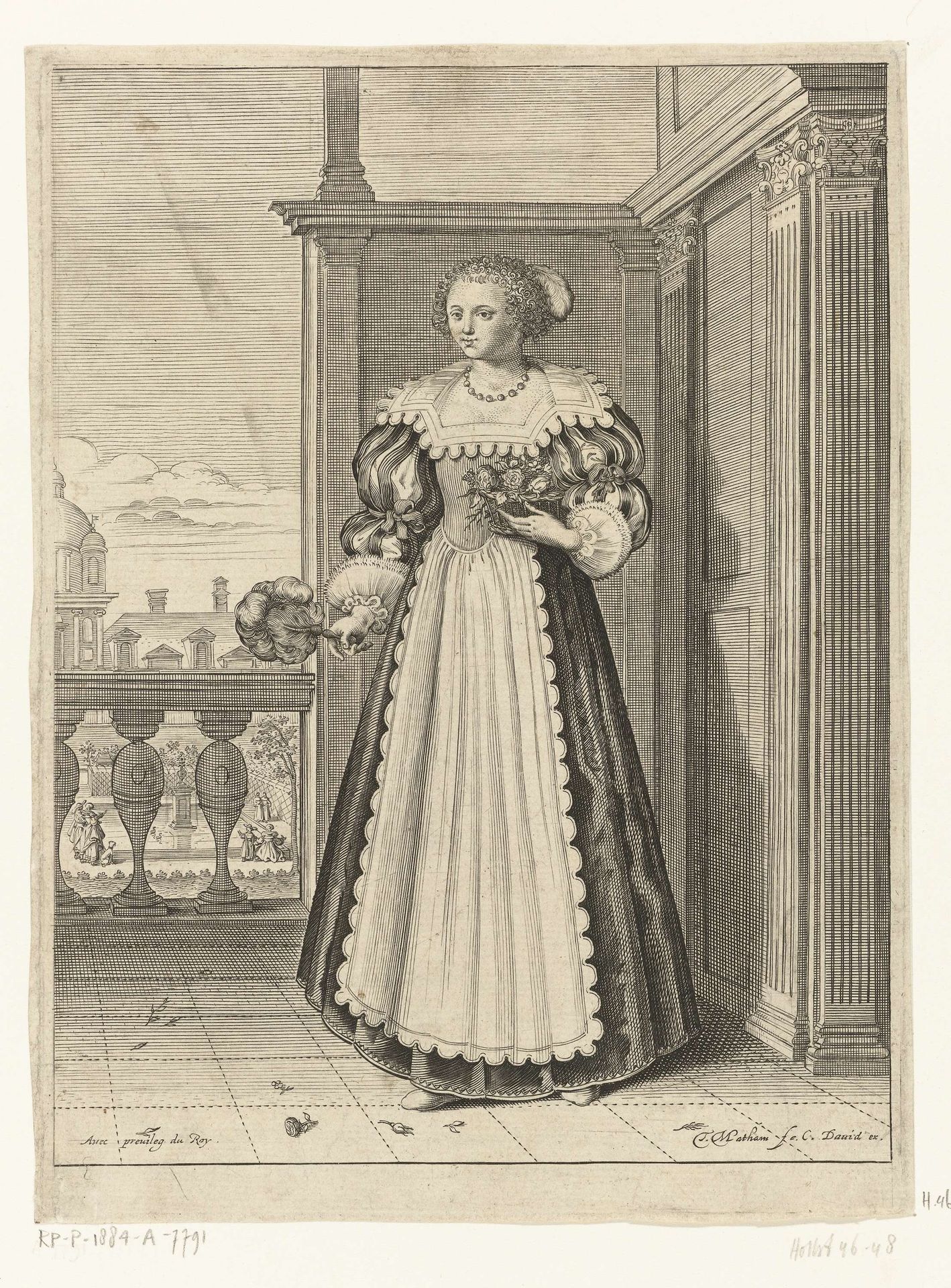 Vrouw met waaier en bloemenmand by Theodor Matham