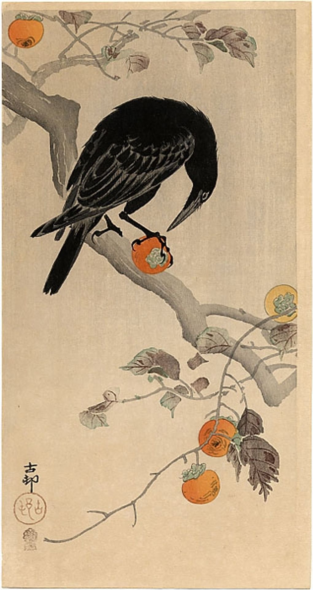 Crow eating a Persimmon by Ohara Koson
