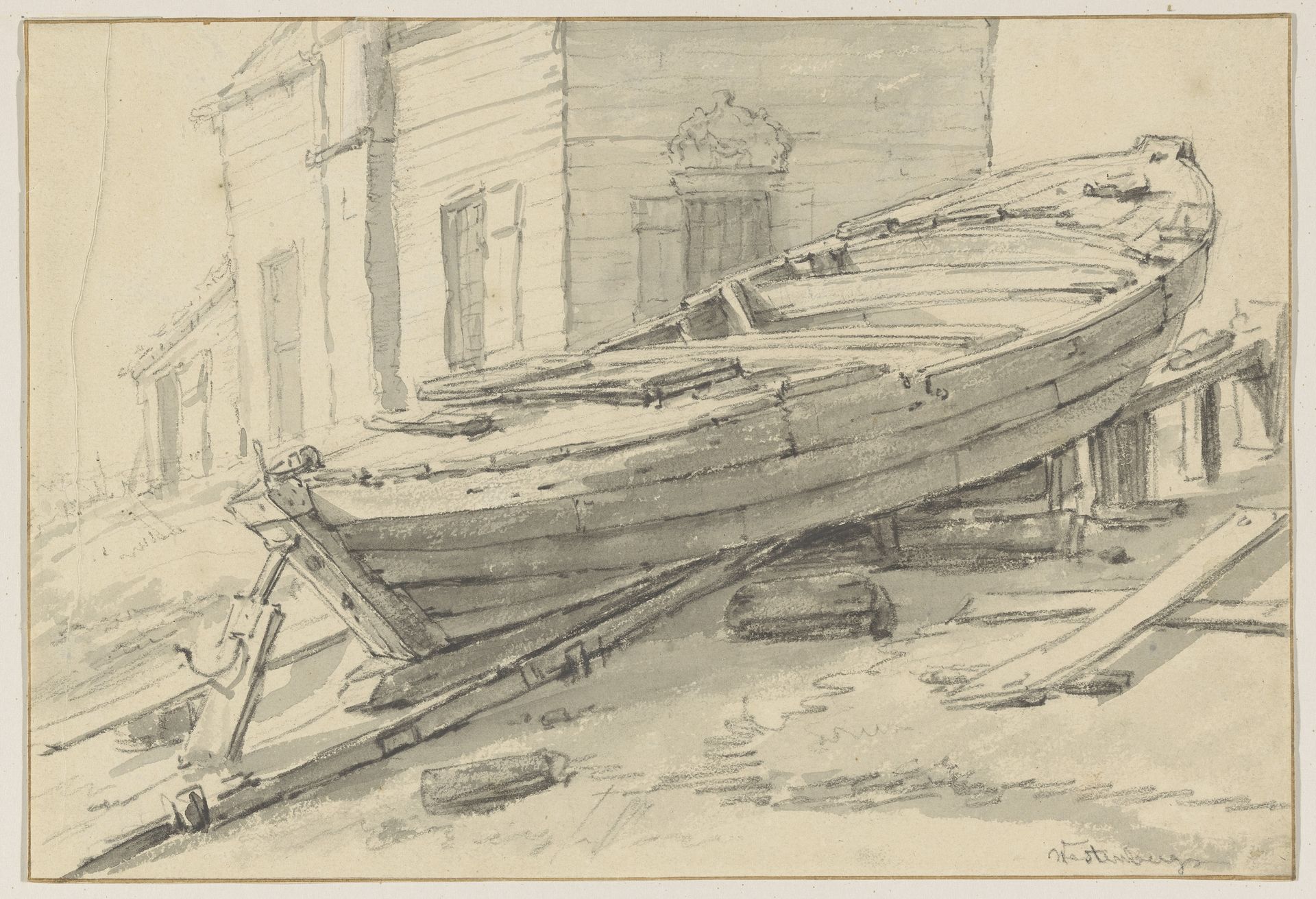 Boot liggend op de helling van een scheepstimmerwerf by Pieter George Westenberg