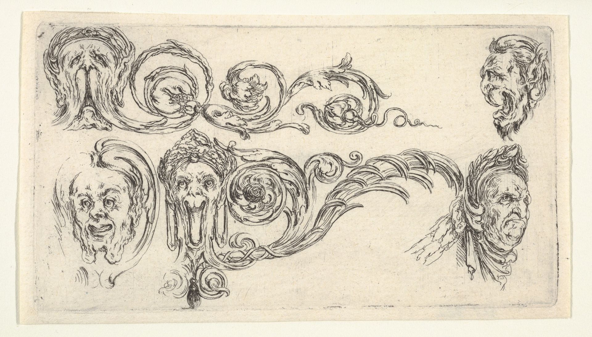 Plate 4: five grotesque heads, from 'Friezes, foliage, and grotesques' (Frises, feuillages et grotesques) by Stefano della Bella