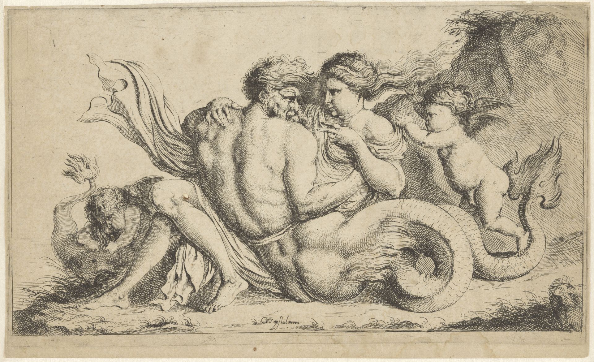 Triton en nimf by Caspar Jacob van (II) Opstal