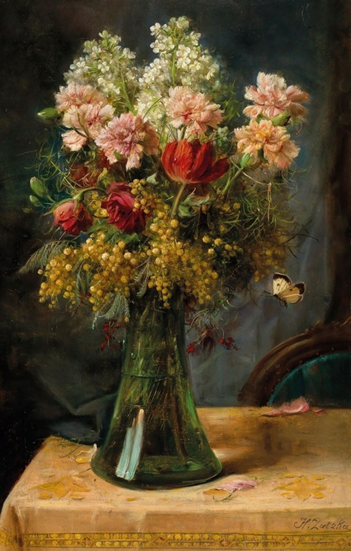 A Bouquet of Flowers with Tulips and Carnations in a Glass Vase with Butterfly by Hans Zatzka