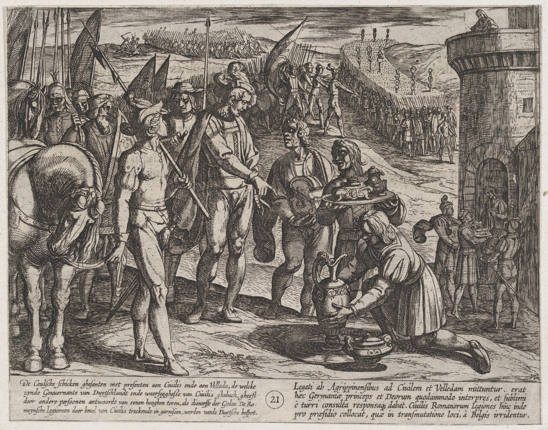 Plate 21: Envoys from Cologne Bring Presents to Civilis, from The War of the Romans Against the Batavians (Romanorvm et Batavorvm societas) by Antonio Tempesta