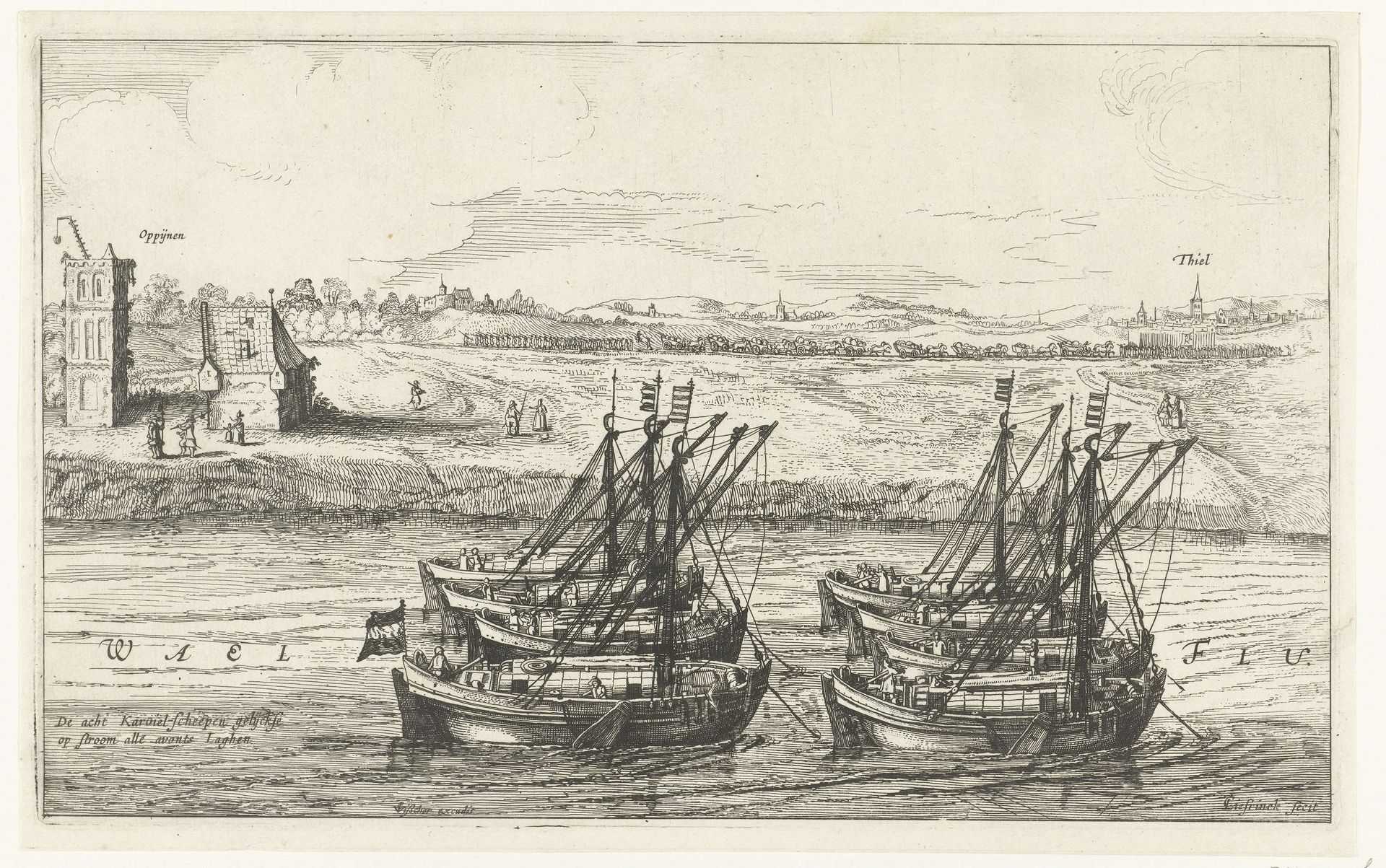 Schepen waarmee de schutterij van Leiden naar Grave is gereisd,  1622 by Cornelis (II) Liefrinck