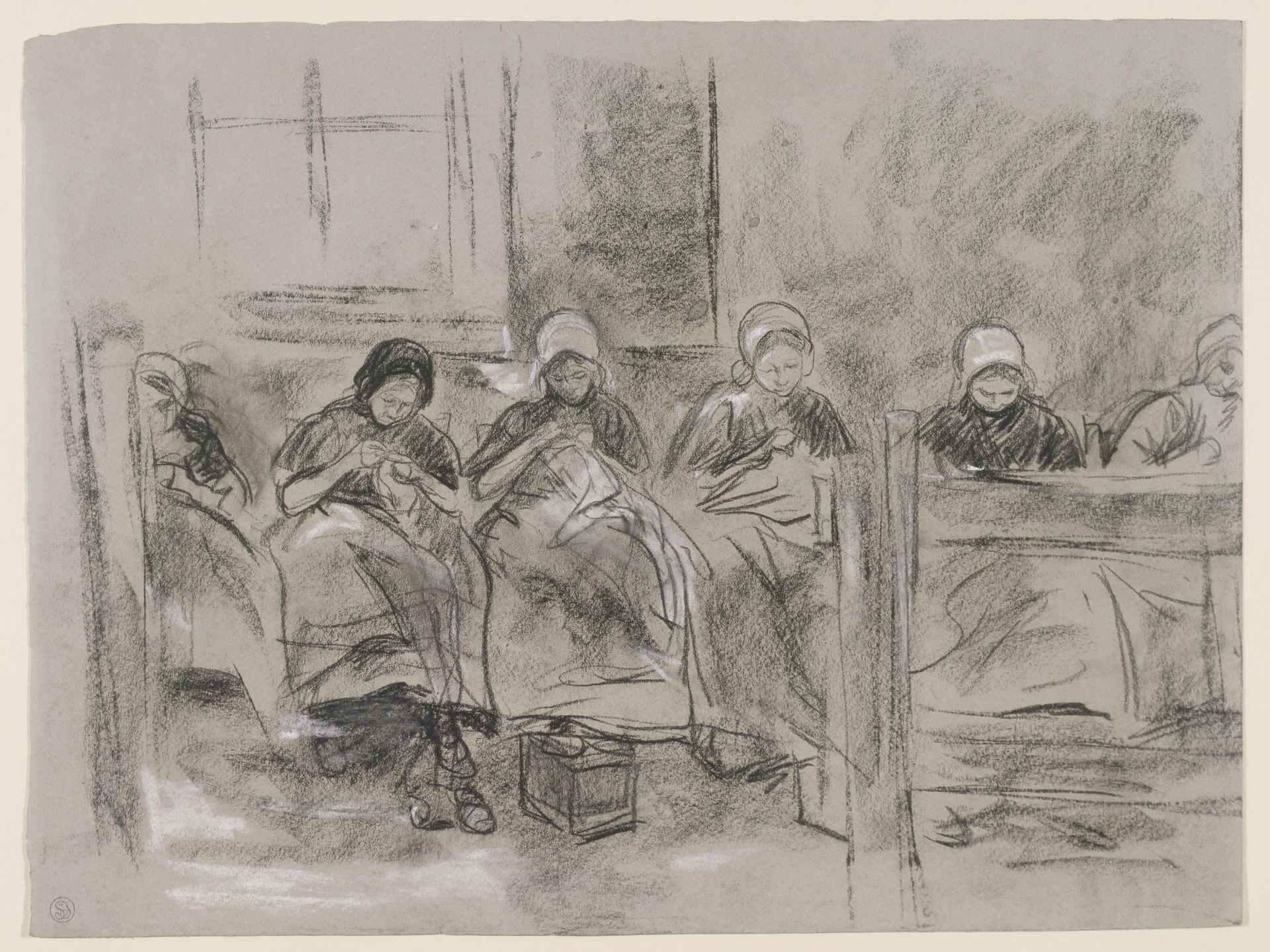 Sechs nähende holländische Mädchen vor einer Hauswand by Max Liebermann