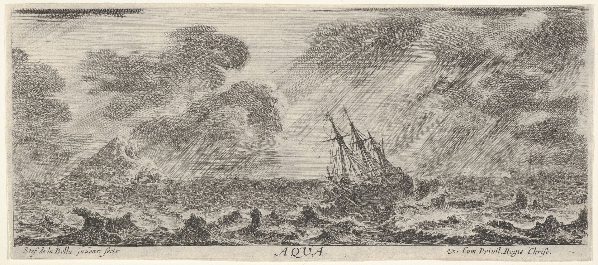 Water, a ship at sea during a storm, from 'The four elements' (Les quatre Eléments) by Stefano della Bella