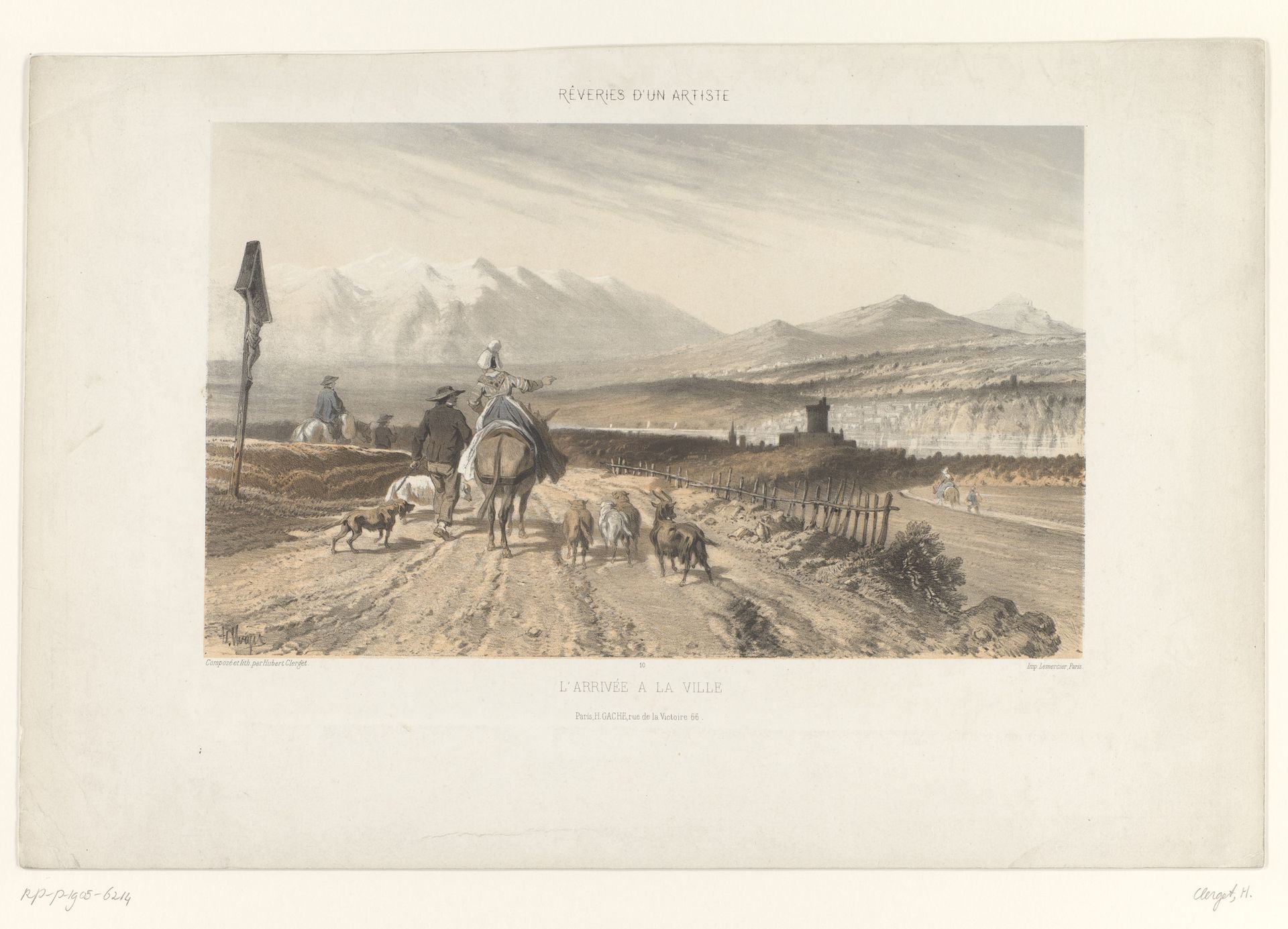 Herder nadert een stad in een berglandschap by Hubert Clerget
