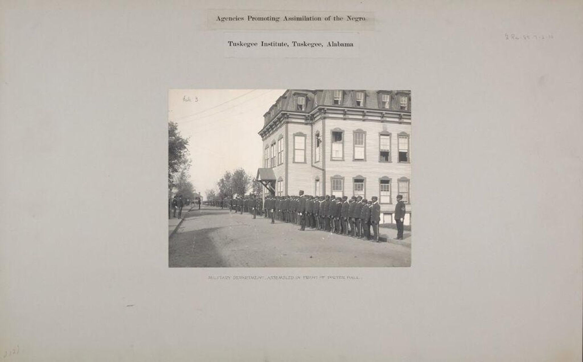 Races, Negroes: United States. Alabama. Tuskegee. Tuskegee Institute: Agencies Promoting Assimilation of the Negro. Tuskegee Institute, Tuskegee, Alabama: Military Department, Assembled in front of Porter Hall. by ? Frances Benjamin Johnston