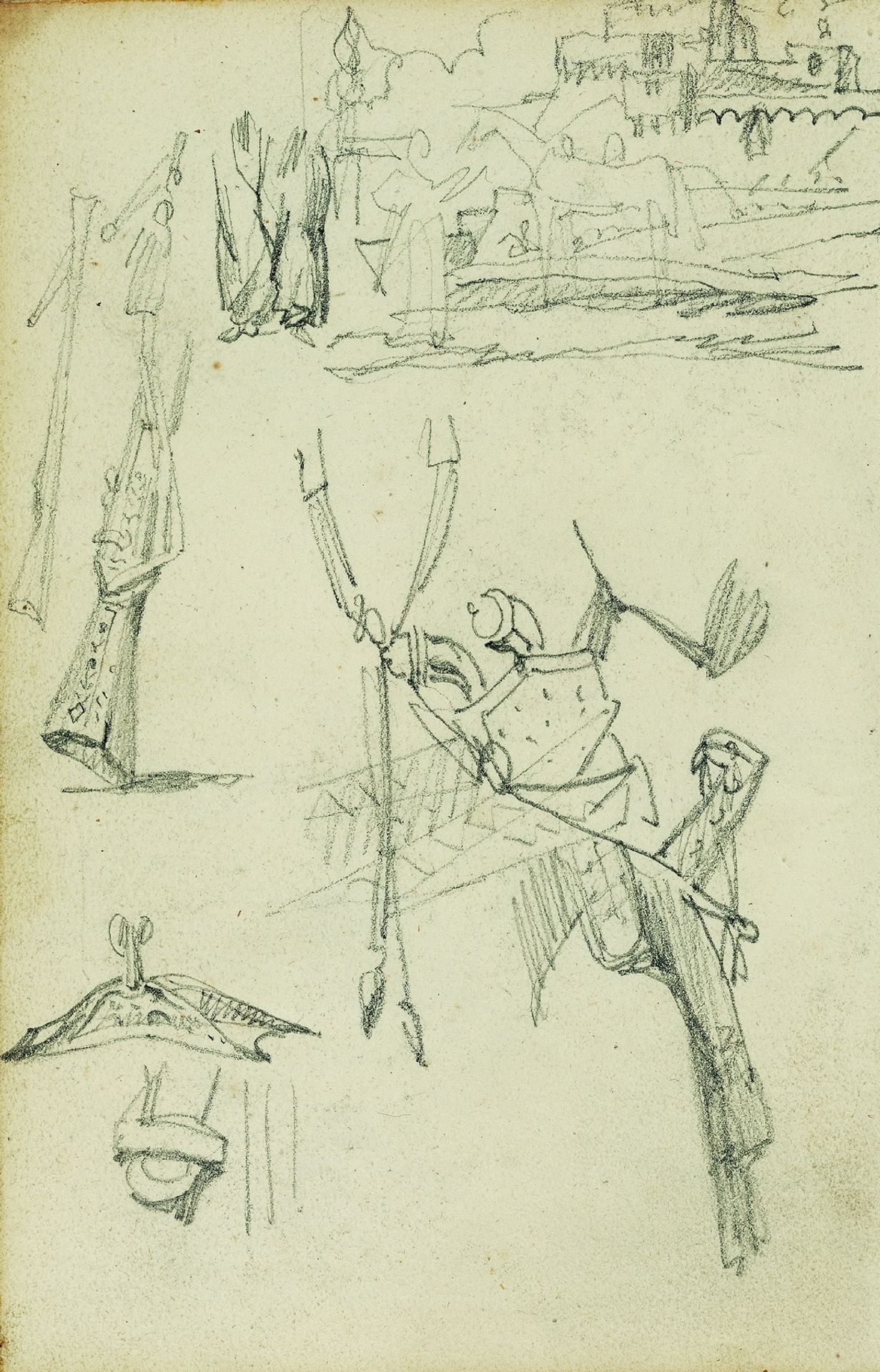 Weapon studies, compositional study of castle scene by Théodore Géricault