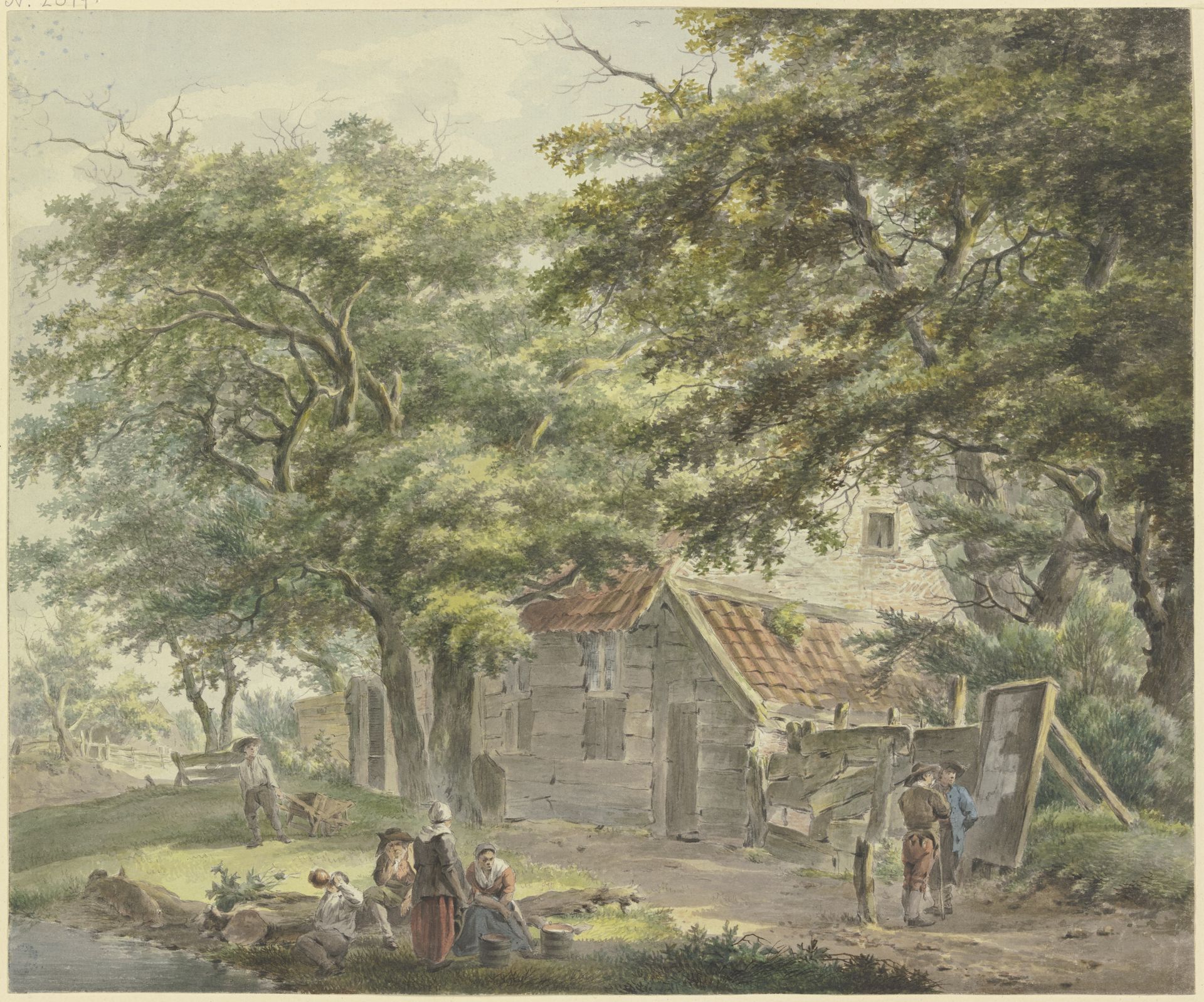 Bauernhof unter Bäumen, links ein Mann mit einem Schubkarren by Hermanus van Brussel