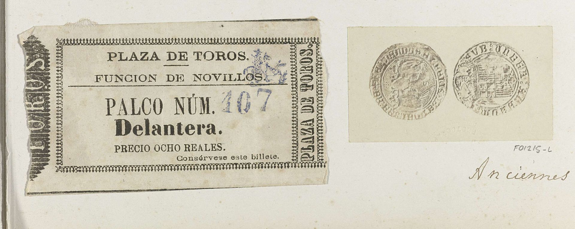 Plaatsbewijs voor een stierengevecht en (vermoedelijk) Spaanse munten by Charles Clifford