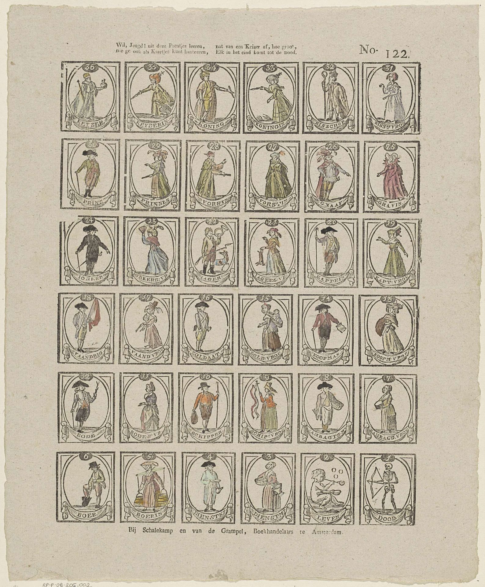 Wil, jeugd! uit deeze prentjes leeren, / Die ge ook als kaartjes kunt handteeren, / Dat van een keizer af, hoe groot, / Elk in het eind komt tot de dood by Schalekamp & Van de Grampel