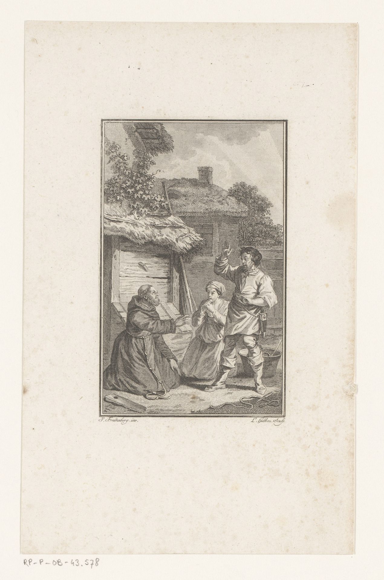 Knielende monnik en vrouw voor een man bij een stal by Louis Michel Halbou