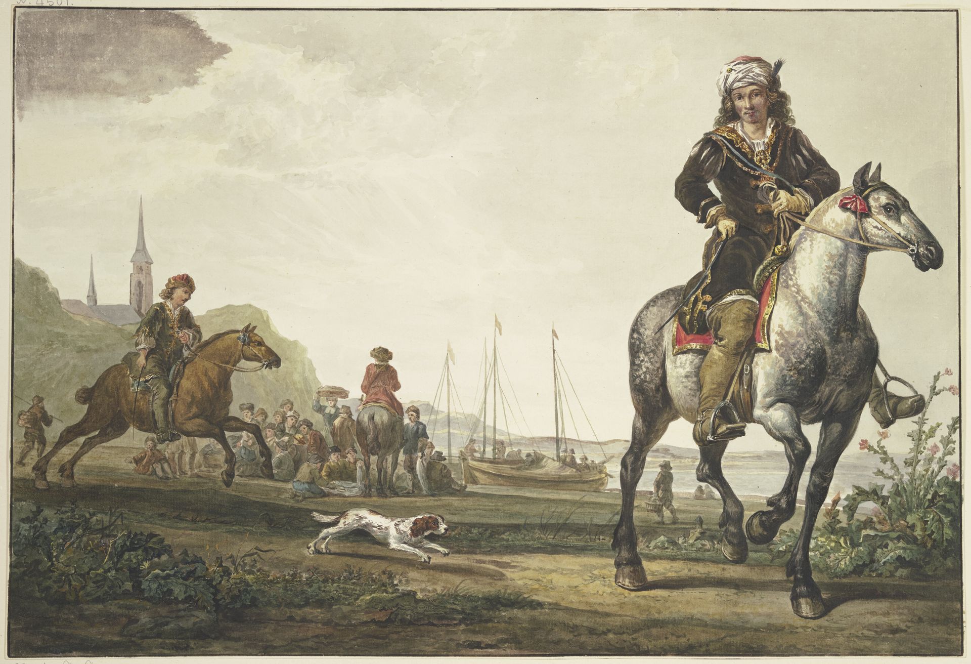 Am Ufer eines Flußes sitzt viel Volk bei den Schiffen, vorne rechts ein reich gekleideter Reiter mit einem Turban, links galopiert ein zweiter by Jacob van Strij