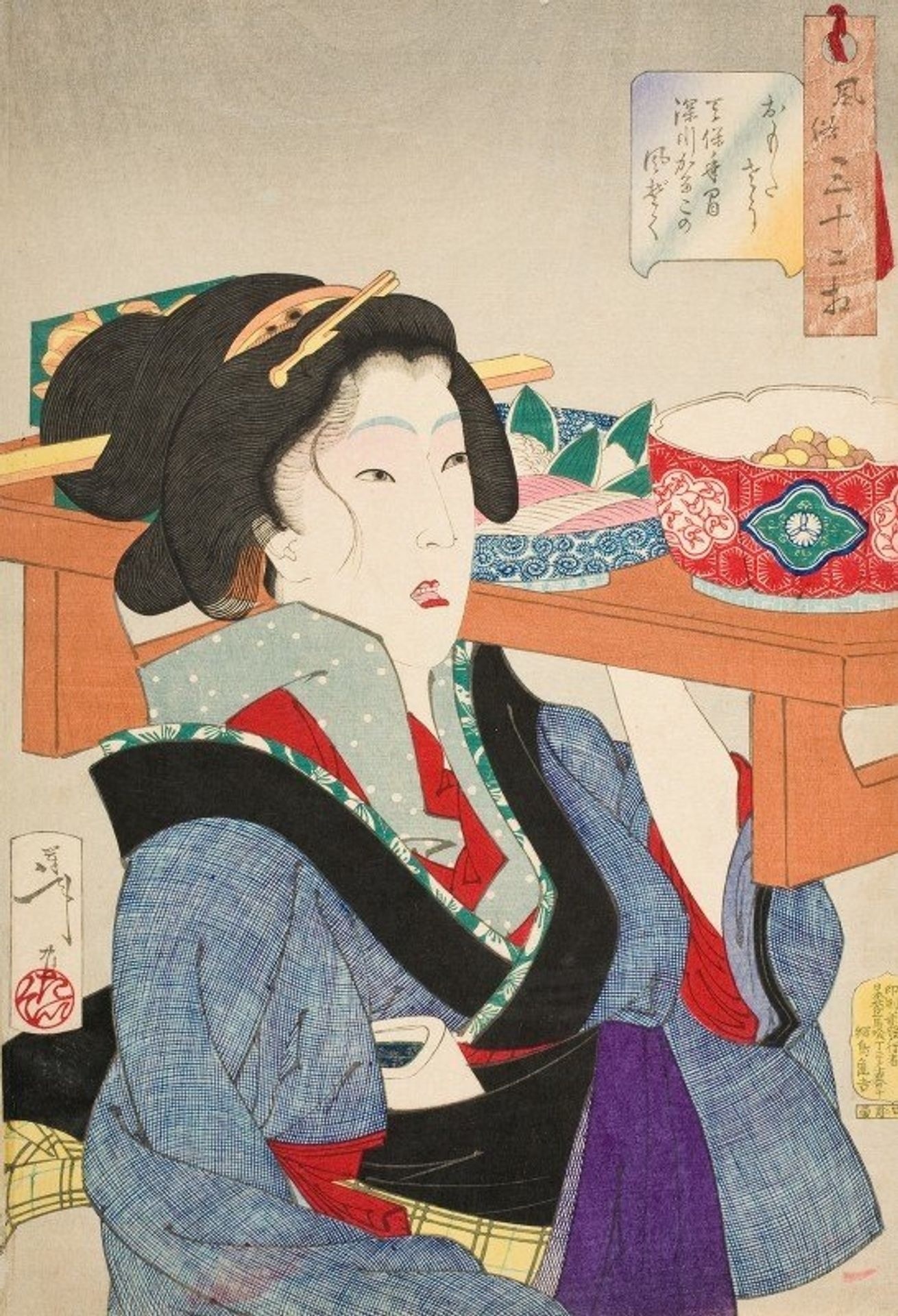 Looking Weighed Down; The Manner of a Waitress at Fukagawa in the Tenpō Era by Tsukioka Yoshitoshi