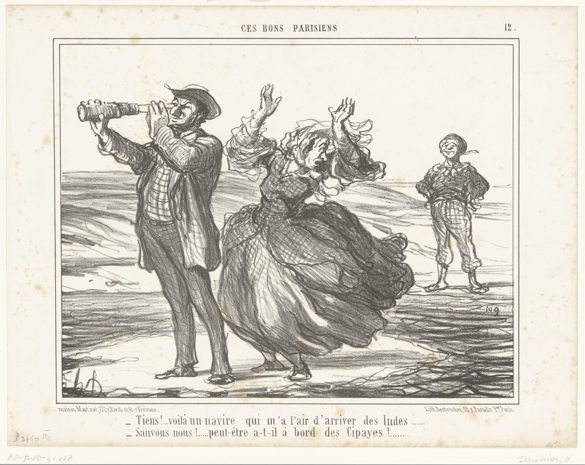 Man en vrouw met verrekijker aan de kust by Honoré Daumier