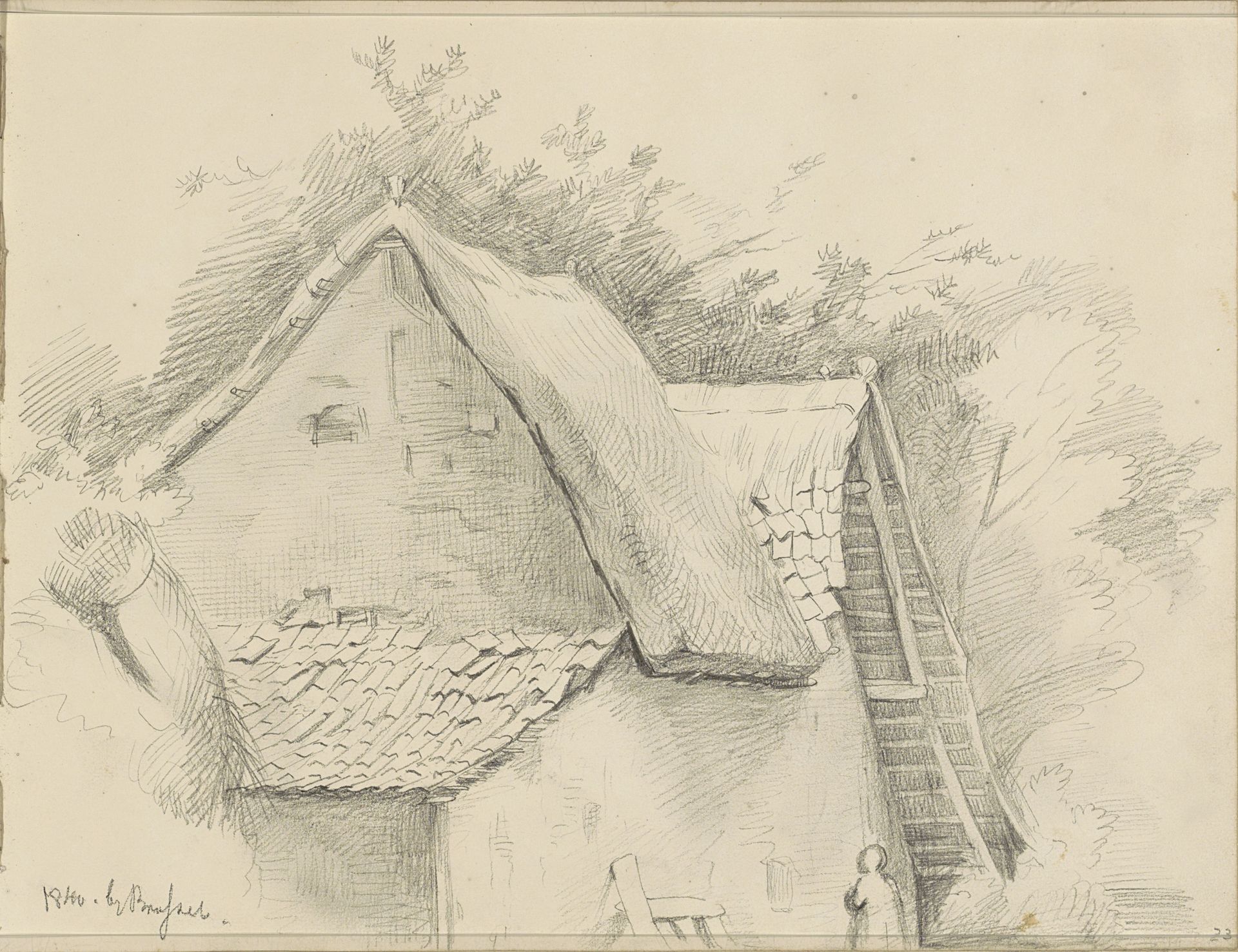 Figuur bij een huis met rieten dak in een boomrijke omgeving by Johannes Tavenraat
