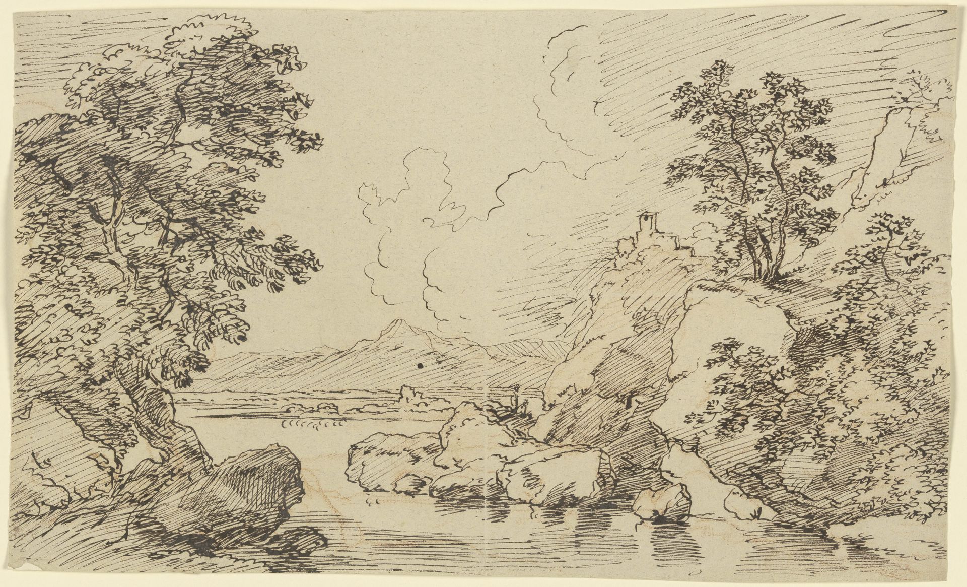Flusslandschaft, im Mittelgrund auf einem Berg ein festungsartiger Bau by Franz Kobell