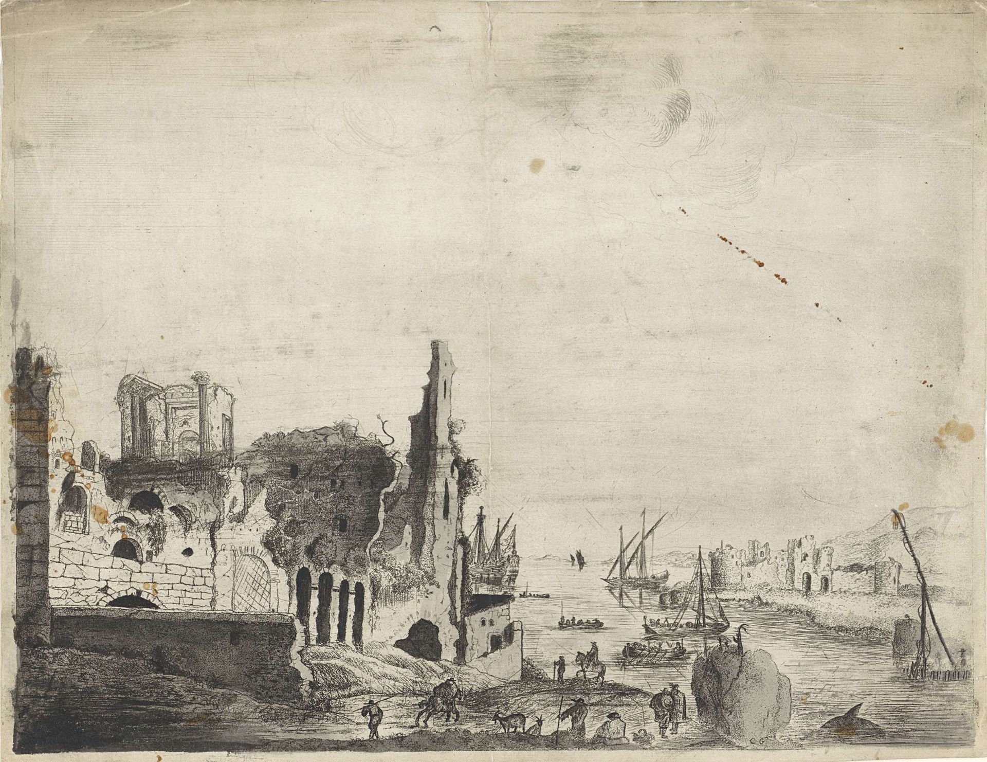 Gezicht op een rivierlandschap met ruïnes by Anonymous