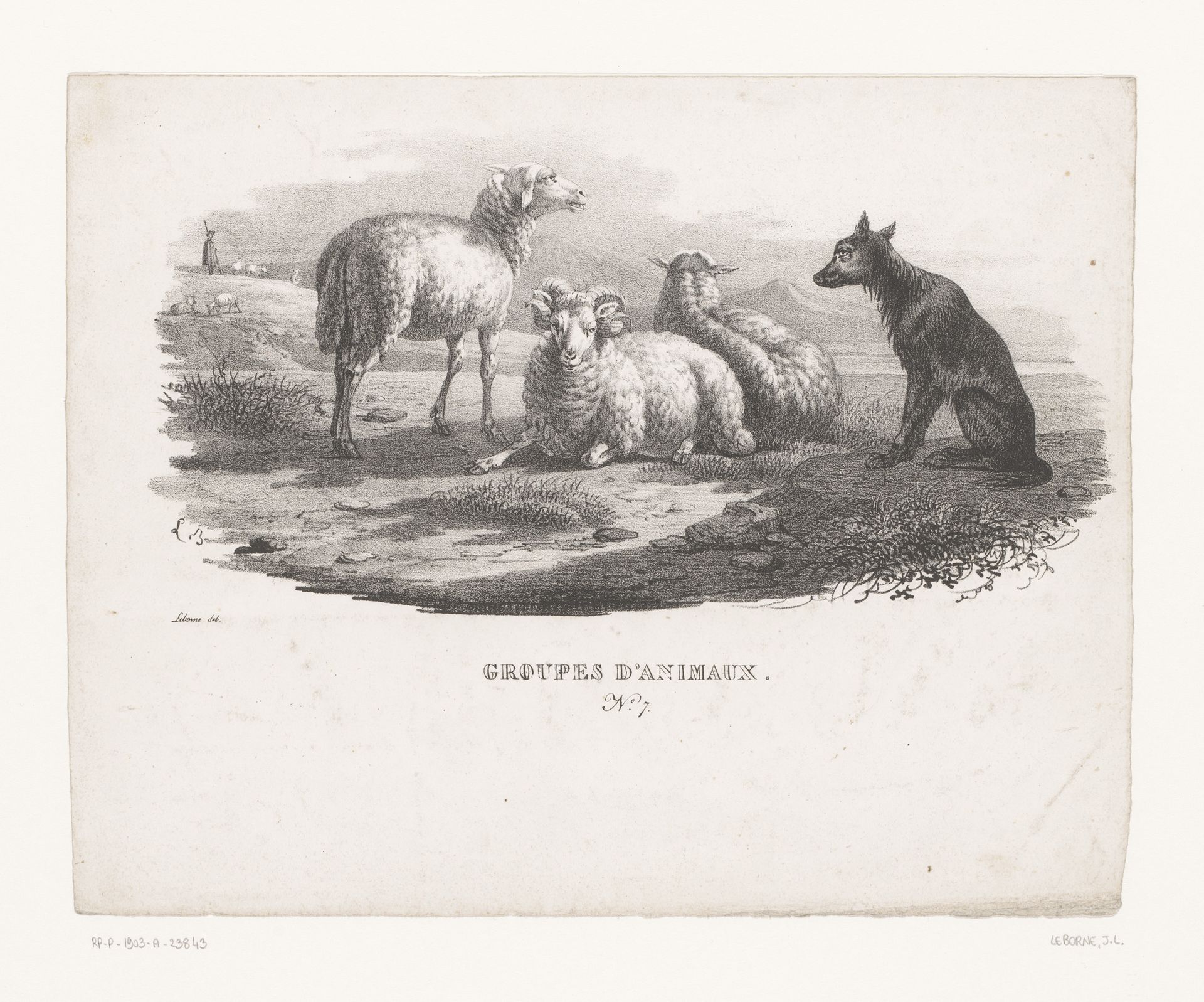 Ram, twee schapen en een herdershond by Joseph Louis Leborne