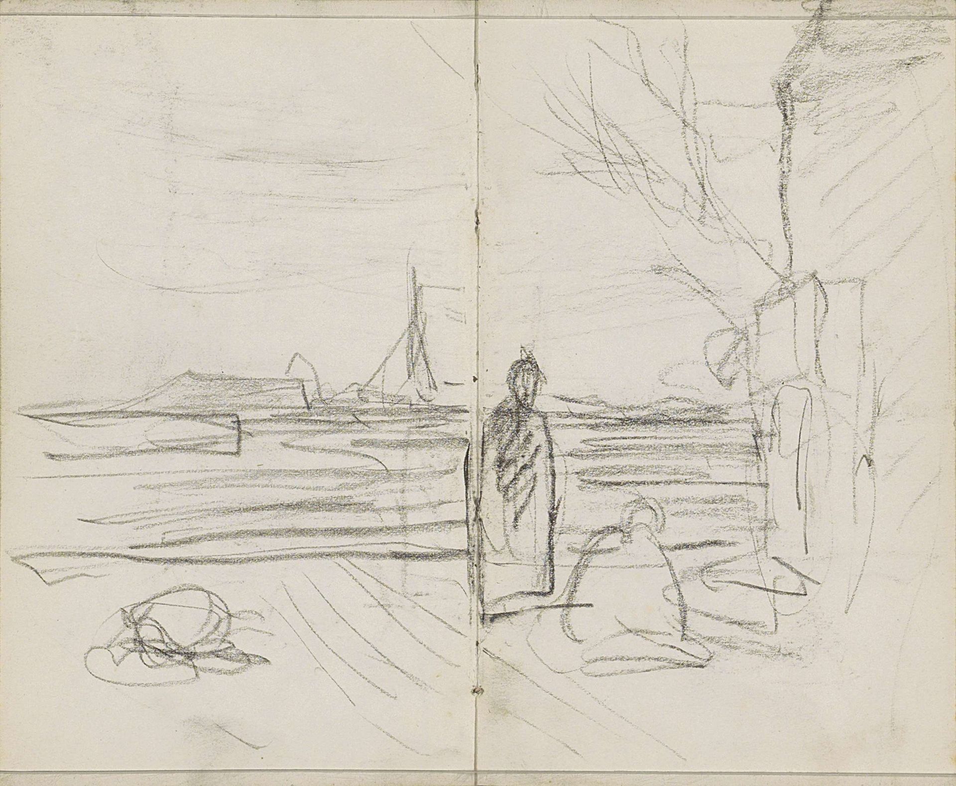 Staande en zittende figuur aan een waterkant by Anton Mauve