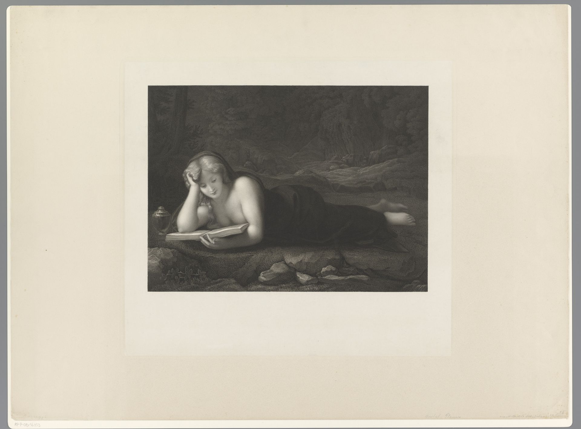 Maria Magdalena terwijl ze liggend een boek leest by Christian Julius Gustav Planer