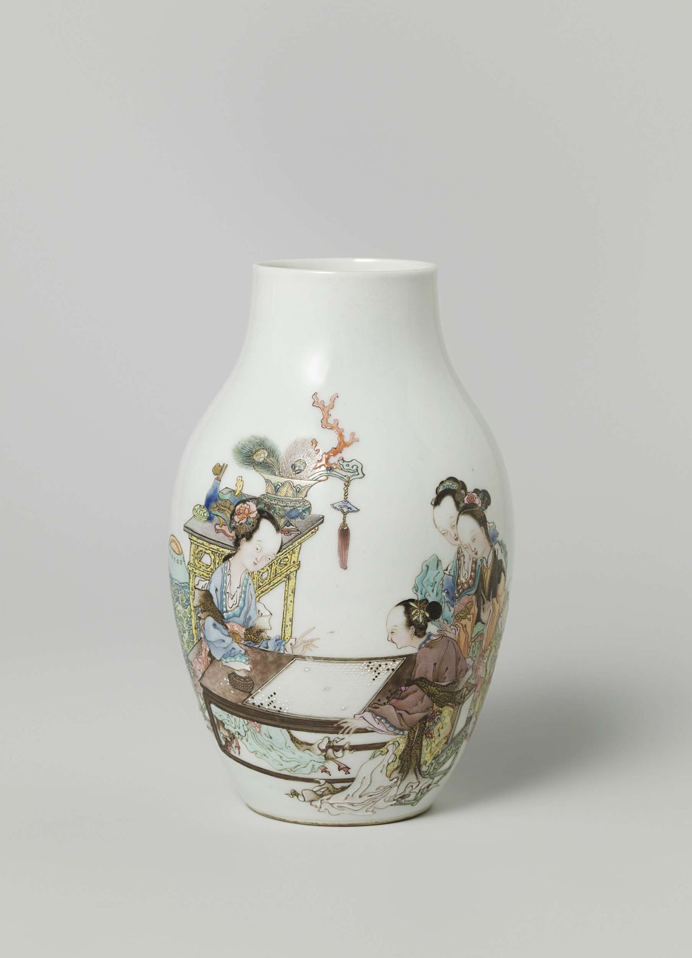 Ovoid vase with four women and two children at a table and with an inscription by Anonymous