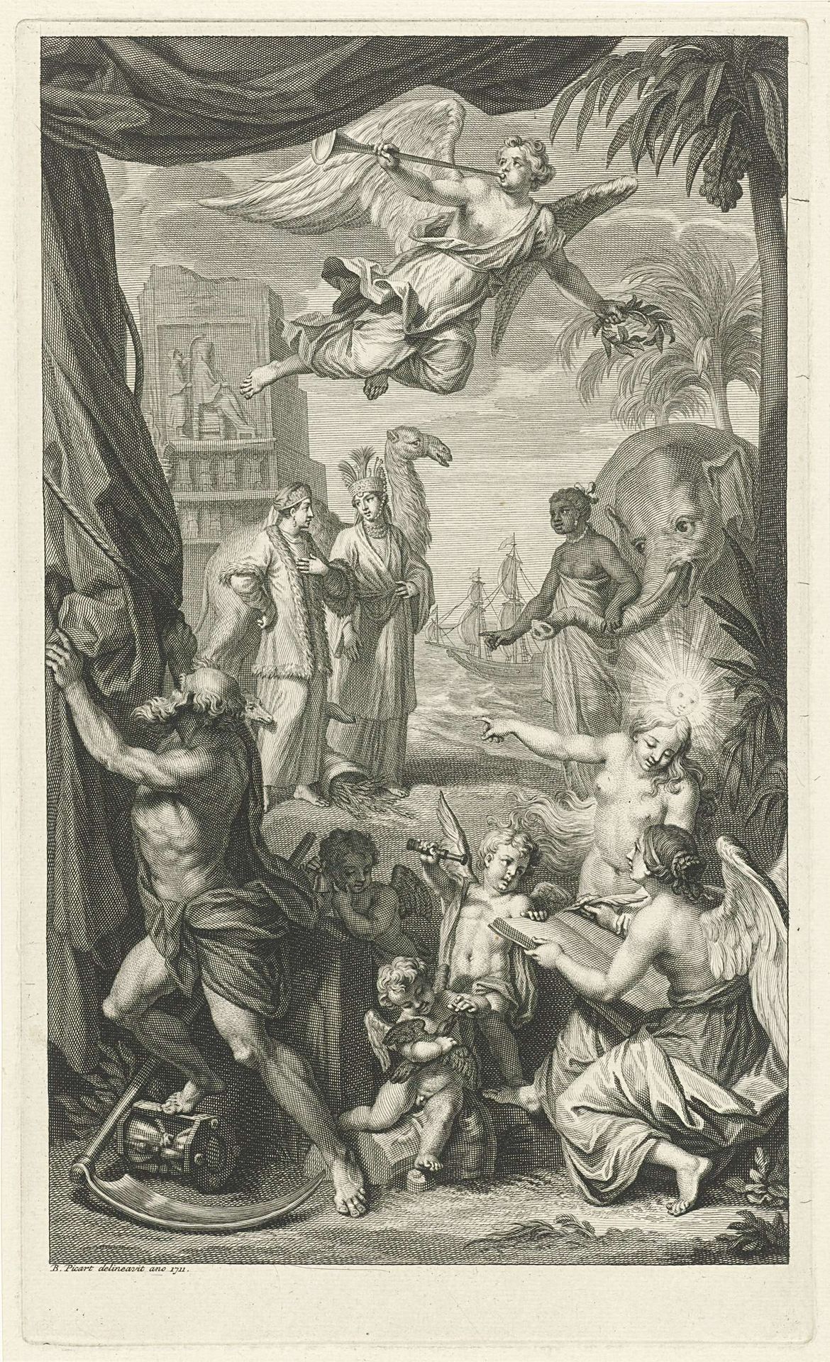 Allegorische titelpagina door Vader Tijd onthuld by Bernard Picart