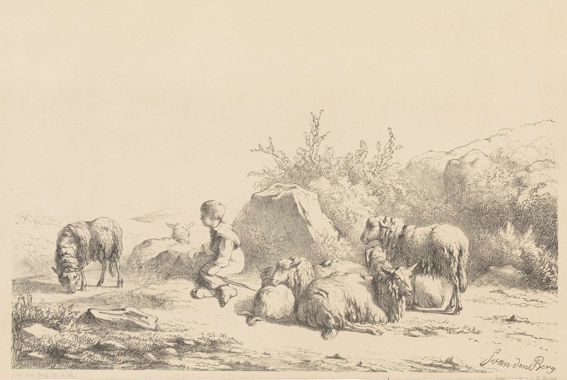 Herder en schapen by Simon van den Berg