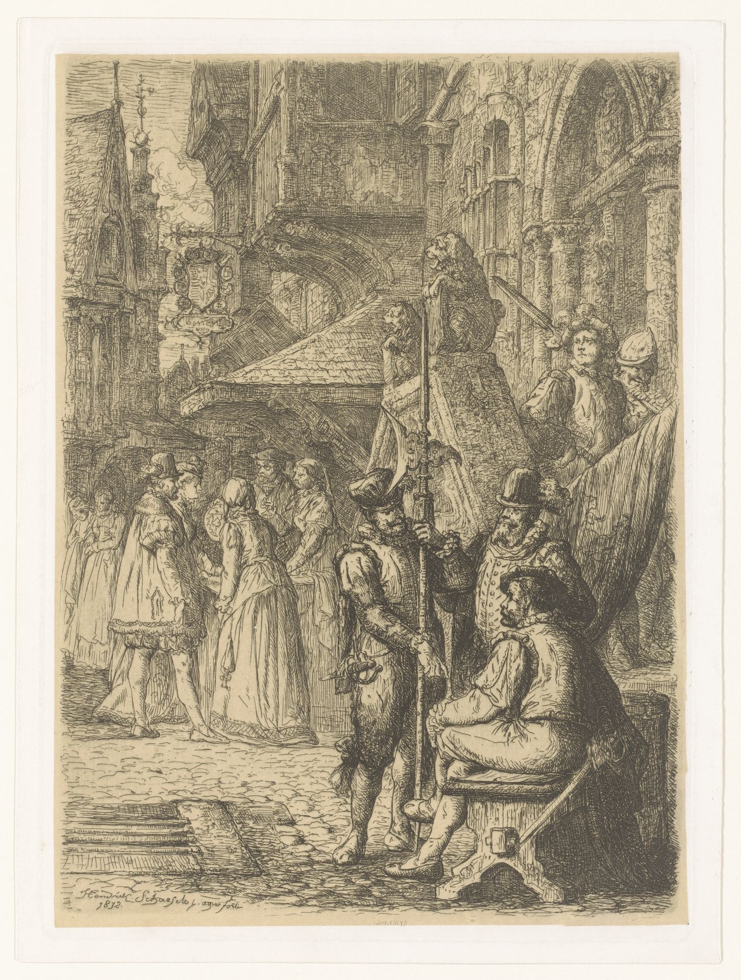 Gezicht op een drukke straat in Antwerpen in de zestiende-eeuw by Henri François Schaefels