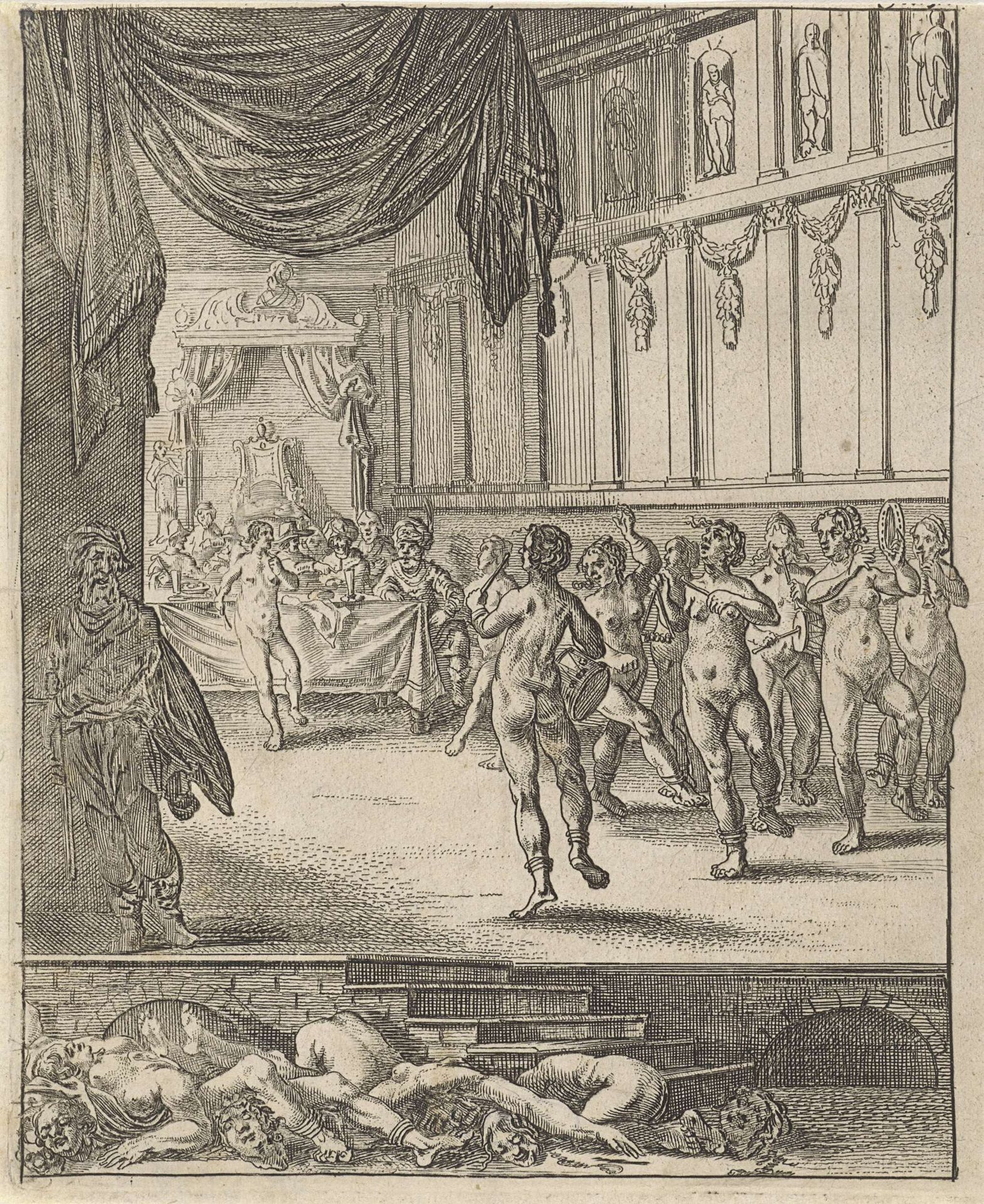 Naakte tot slaaf gemaakte vrouwen dansen en maken muziek voordat ze ter dood worden gebracht by Salomon Savery