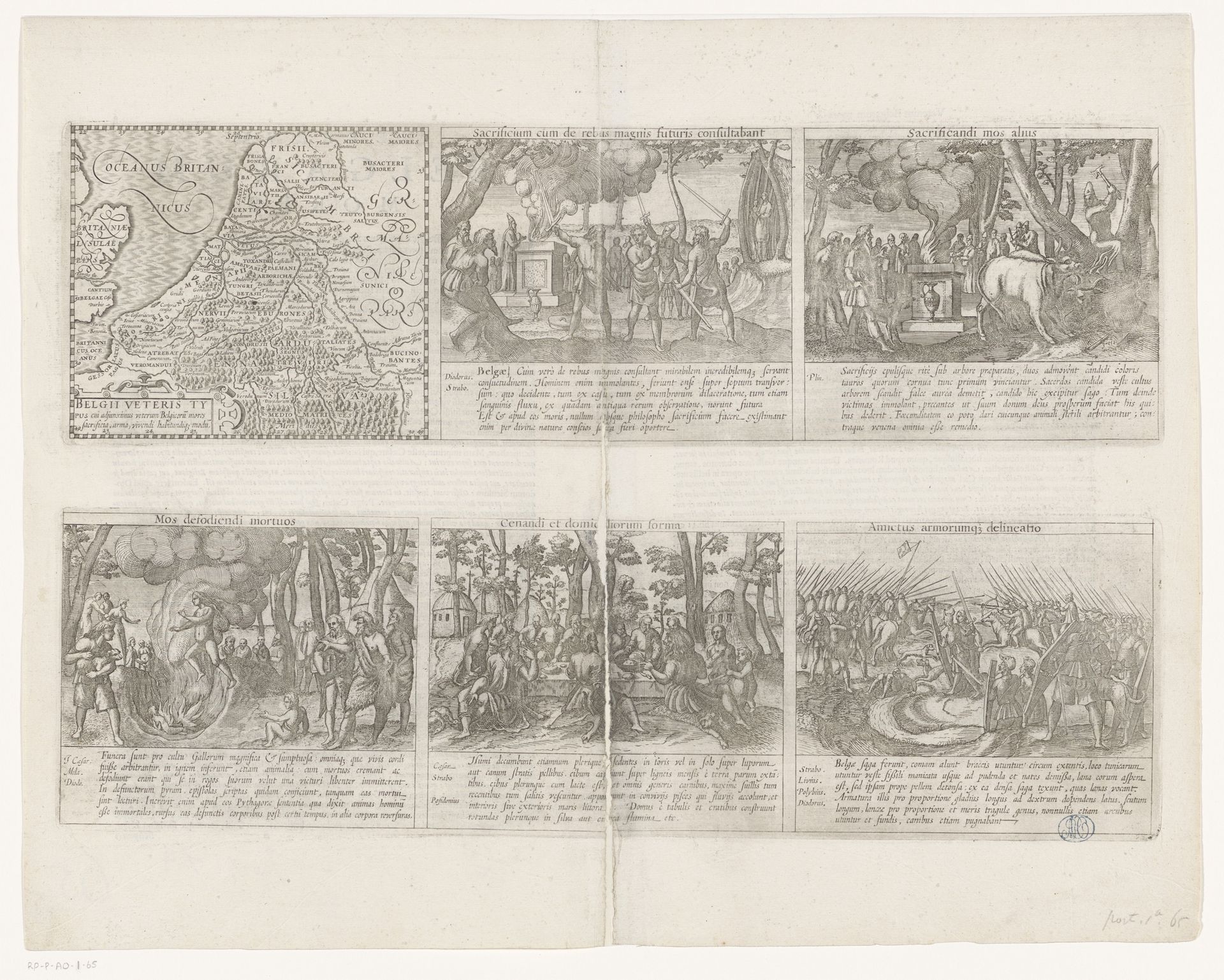 Historische kaart van de Nederlanden met afbeeldingen van het dagelijkse leven van de Germanen by Pieter van der Keere