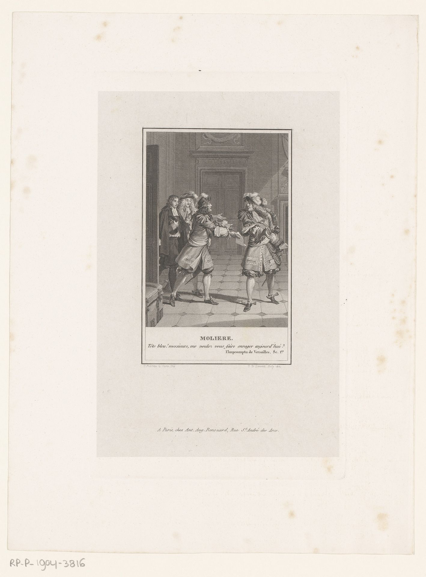 Interieur met een galante heer in discussie met drie anderen by Jean-Baptiste-Blaise Simonet