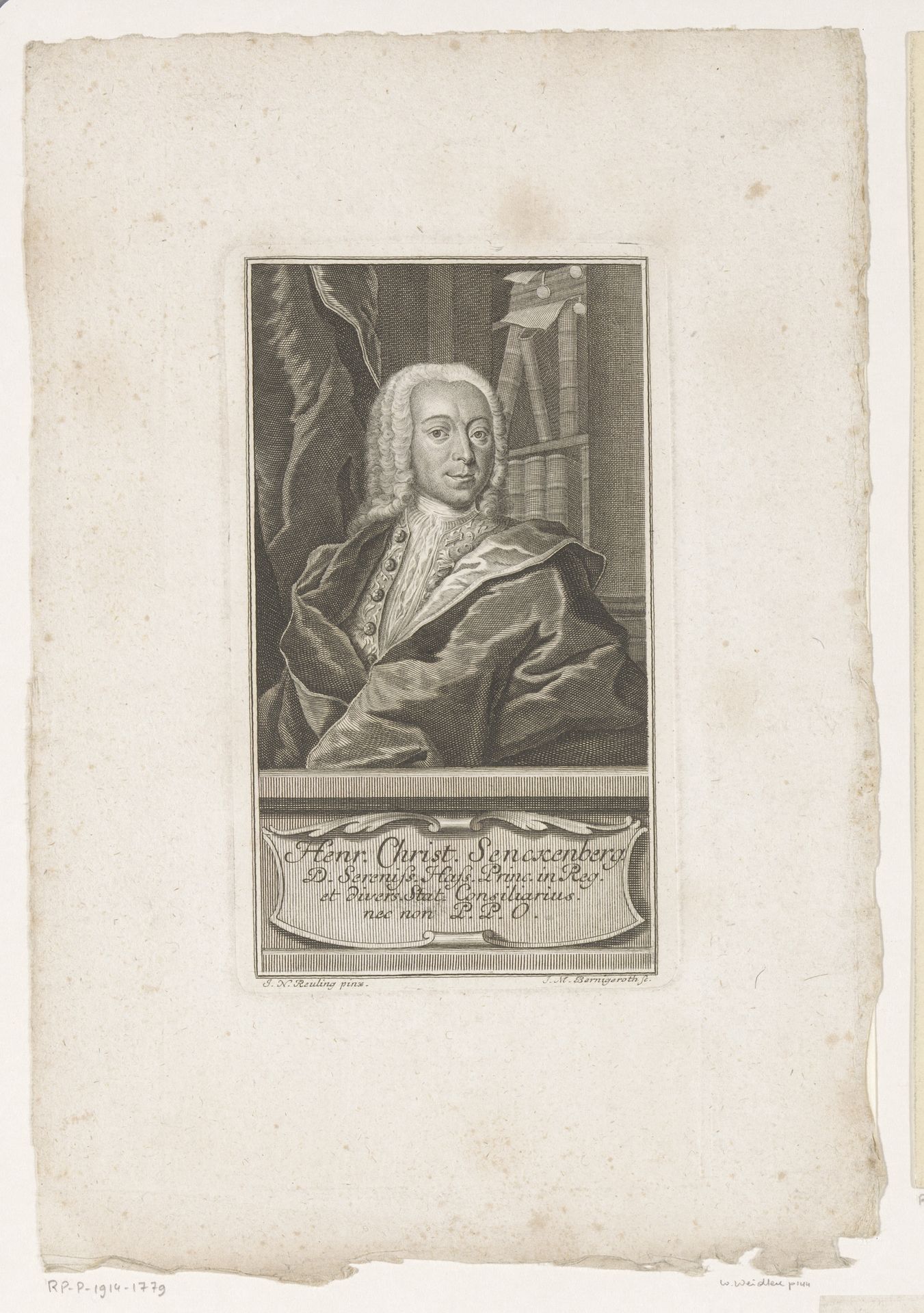 Portret van Heinrich Christian von Senckenberg by Johann Martin Bernigeroth