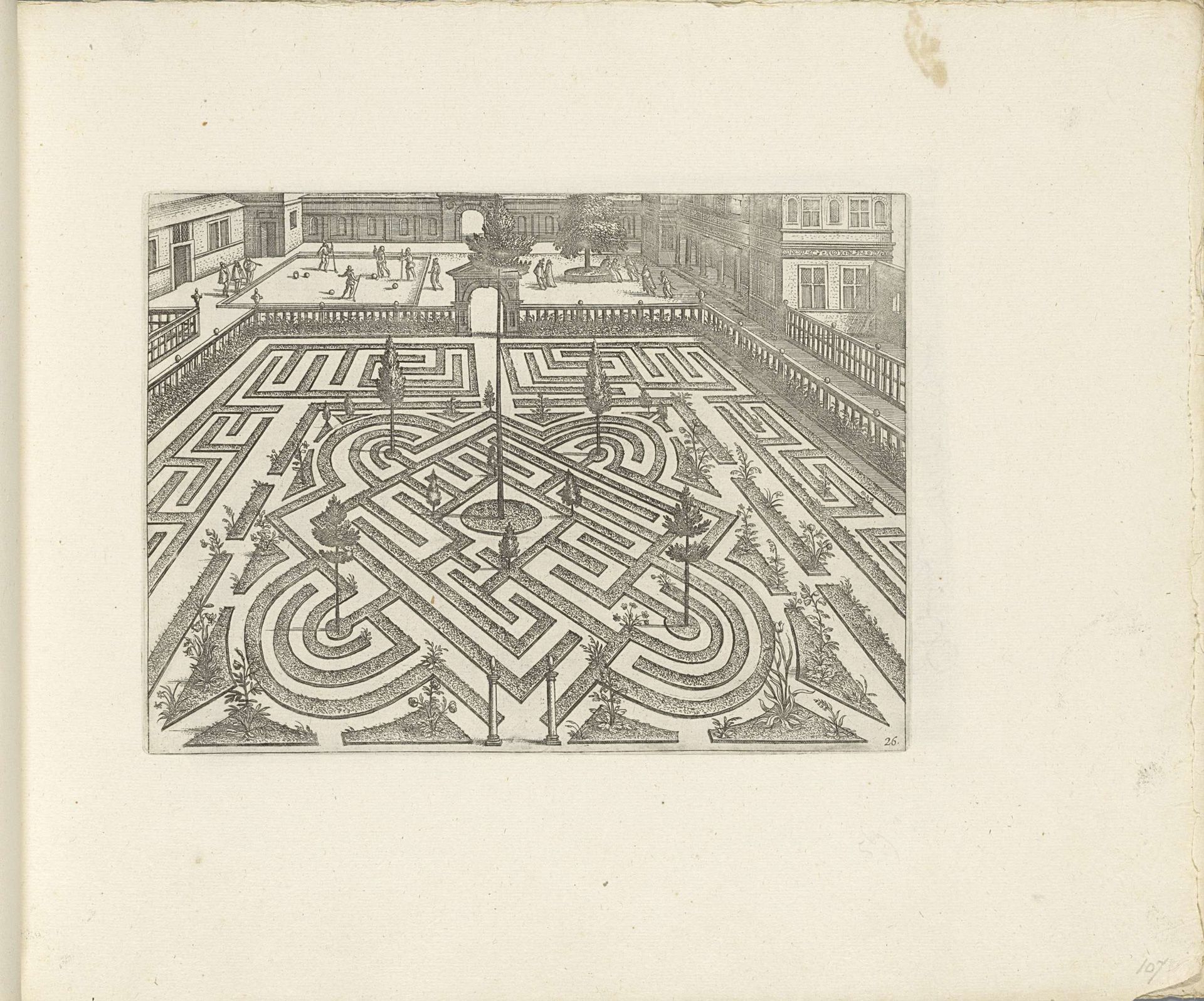Tuin met parterre met labyrint en op de achtergrond een poort by Anonymous