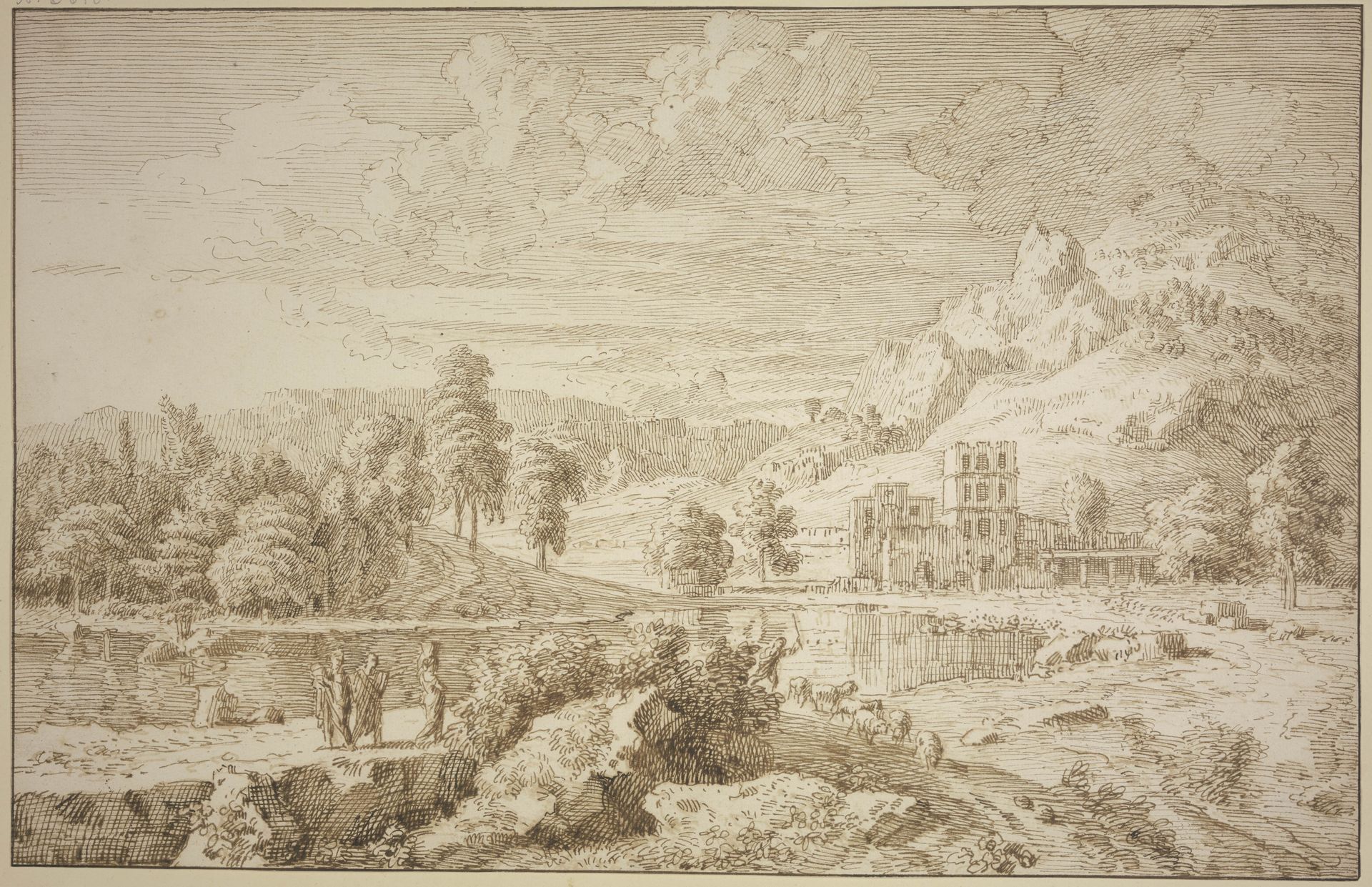 Italienische Landschaft mit Gebäude, auf dem Weg ein Hirte mit Schafen, links drei Figuren by Johannes Glauber