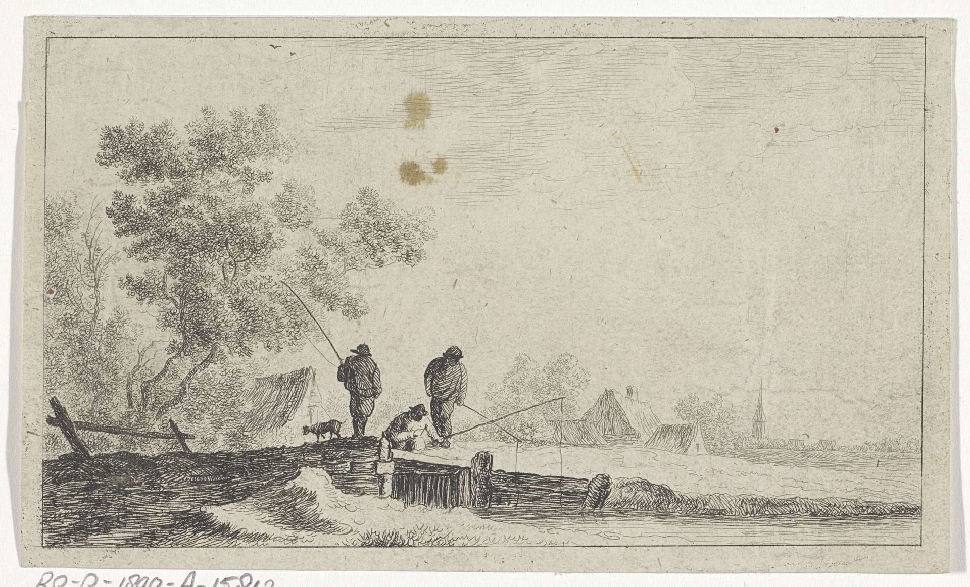 Drie vissers op een brug by Anonymous