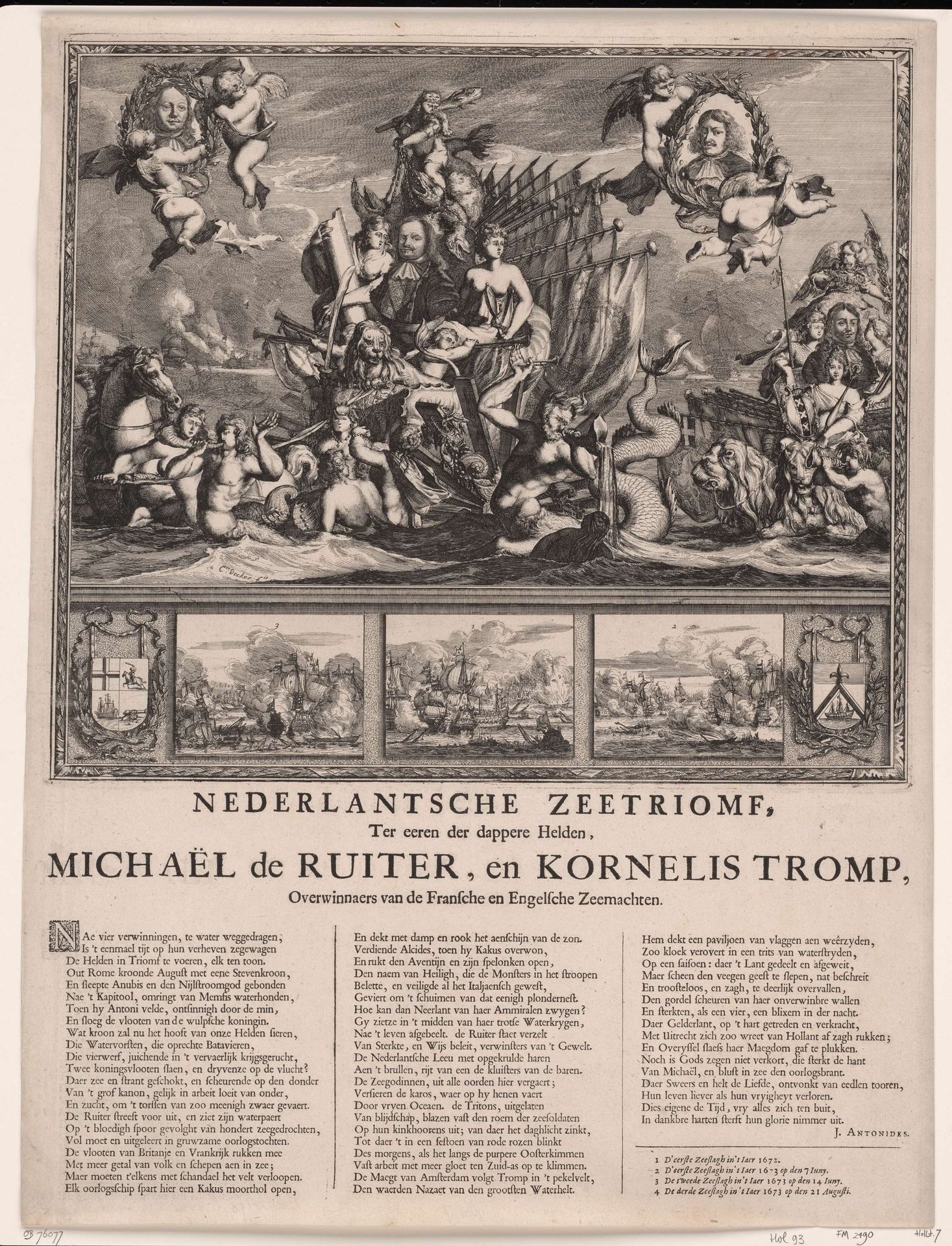 Allegorie ter ere van Michiel de Ruyter en Cornelis Tromp en hun overwinningen in de zeeslagen in de jaren 1672 en 1673 by Coenraet Decker