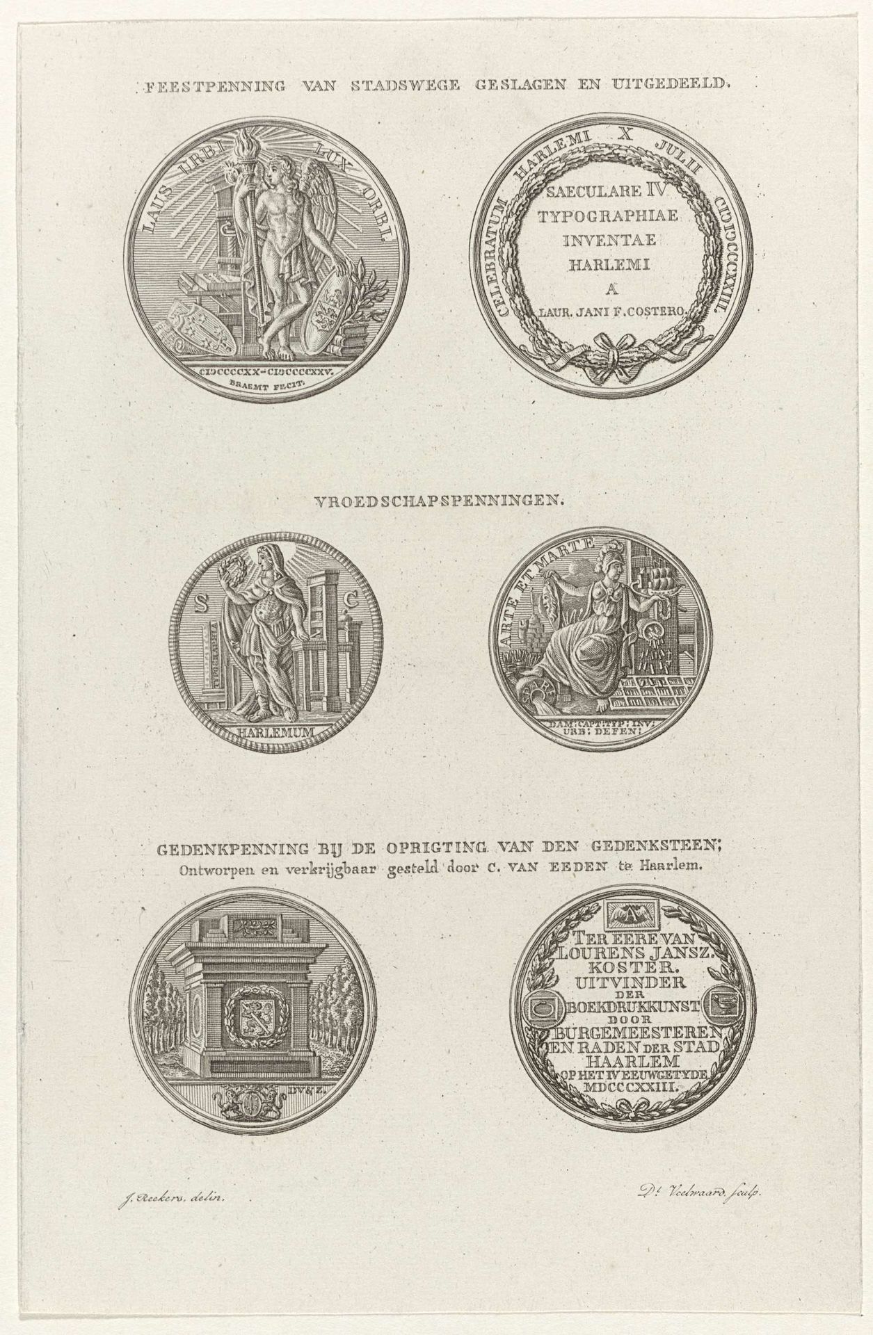 Drie penningen bij 400-jarig jubileum uitvinding boekdrukkunst door Coster, 1823 by Daniël (I) Veelwaard