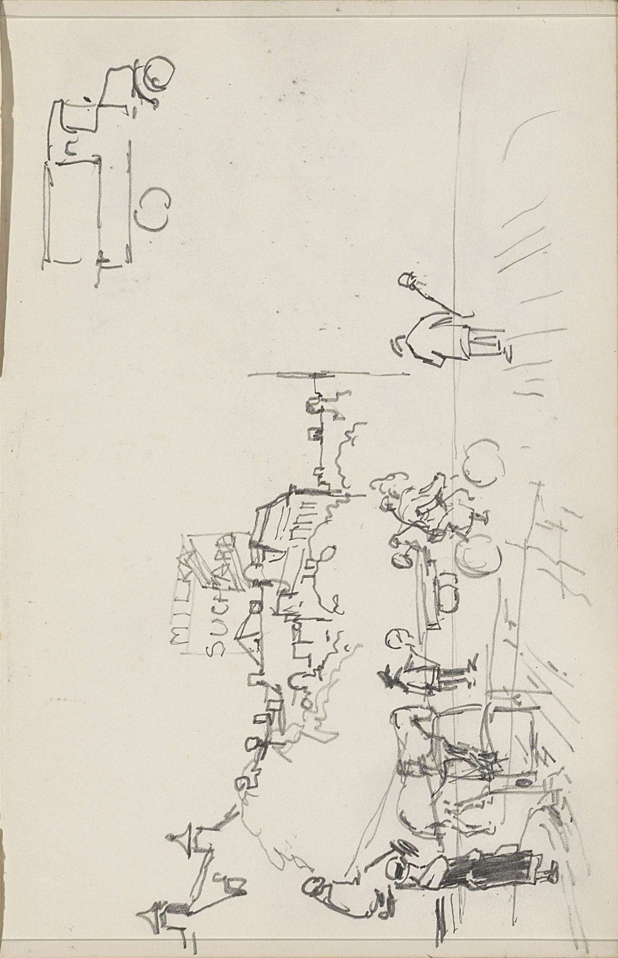 Straatgezicht met figuren en een reclamebord by Cornelis Vreedenburgh