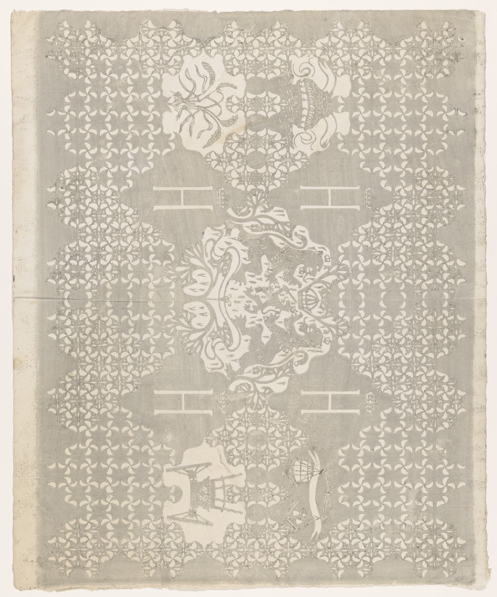 Blad met ornamenten, boot, wagen en wapen van Nederland by Carel Adolph Lion Cachet