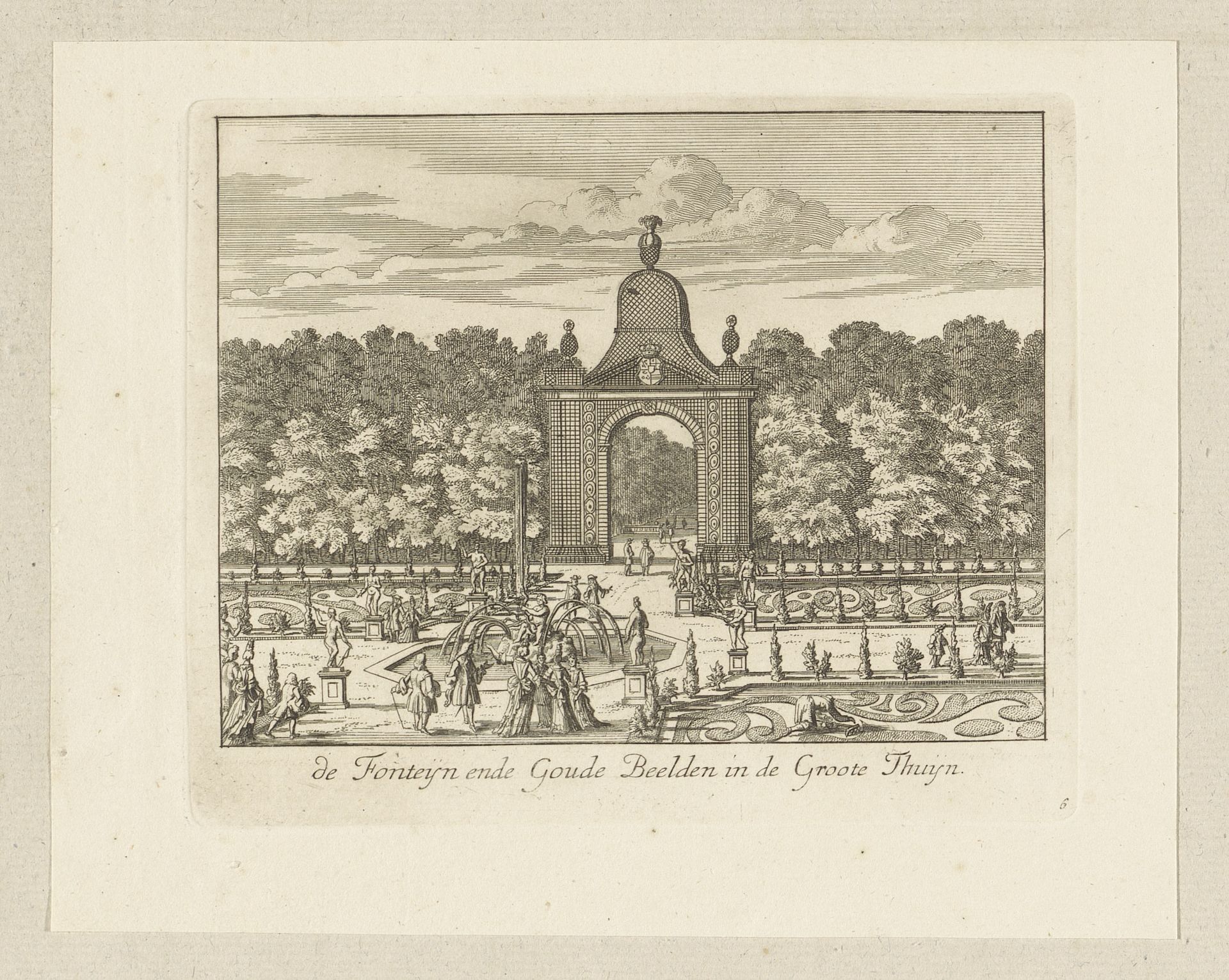Tuin van Paleis Honselaarsdijk met beelden en fontein by Cornelis (II) Danckerts