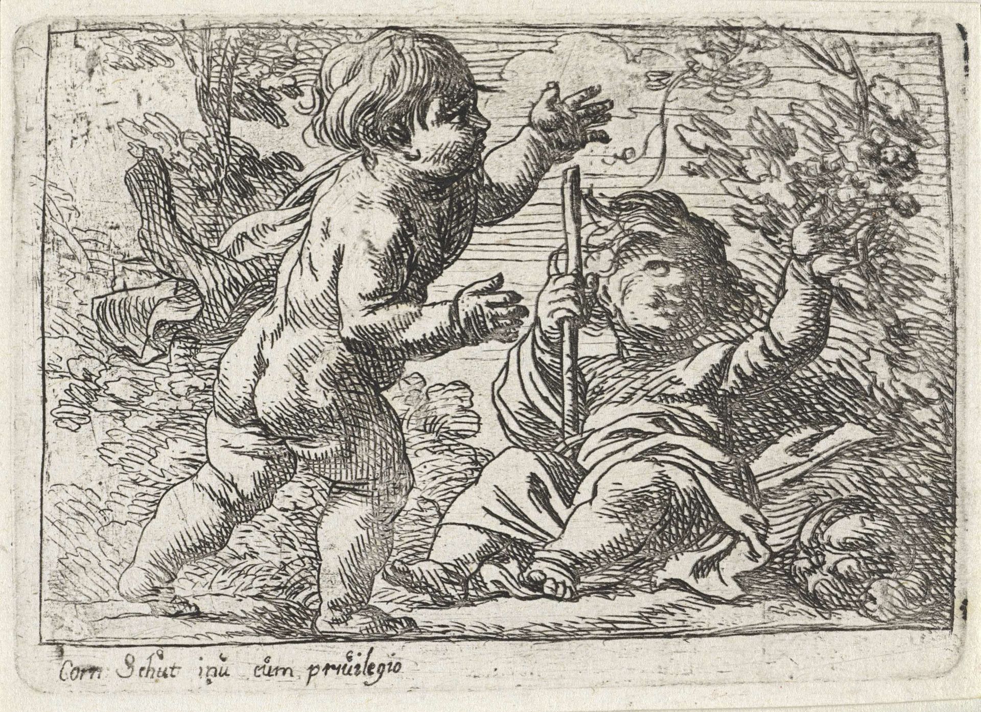 Twee fruit plukkende jongetjes in een landschap by Cornelis Schut