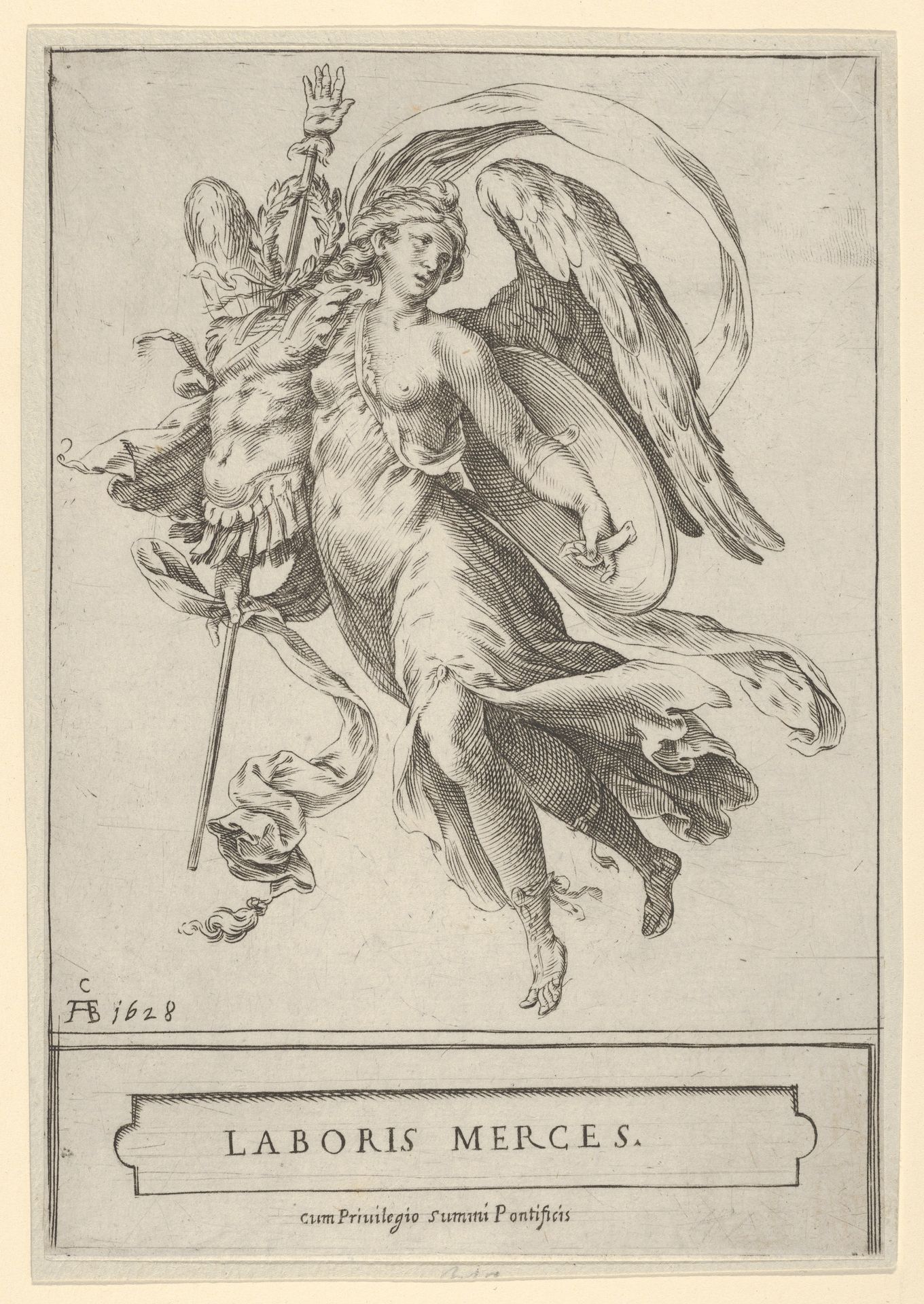 Winged Victory holding a trophy of arms in her right hand and a shield in her left by Cherubino Alberti
