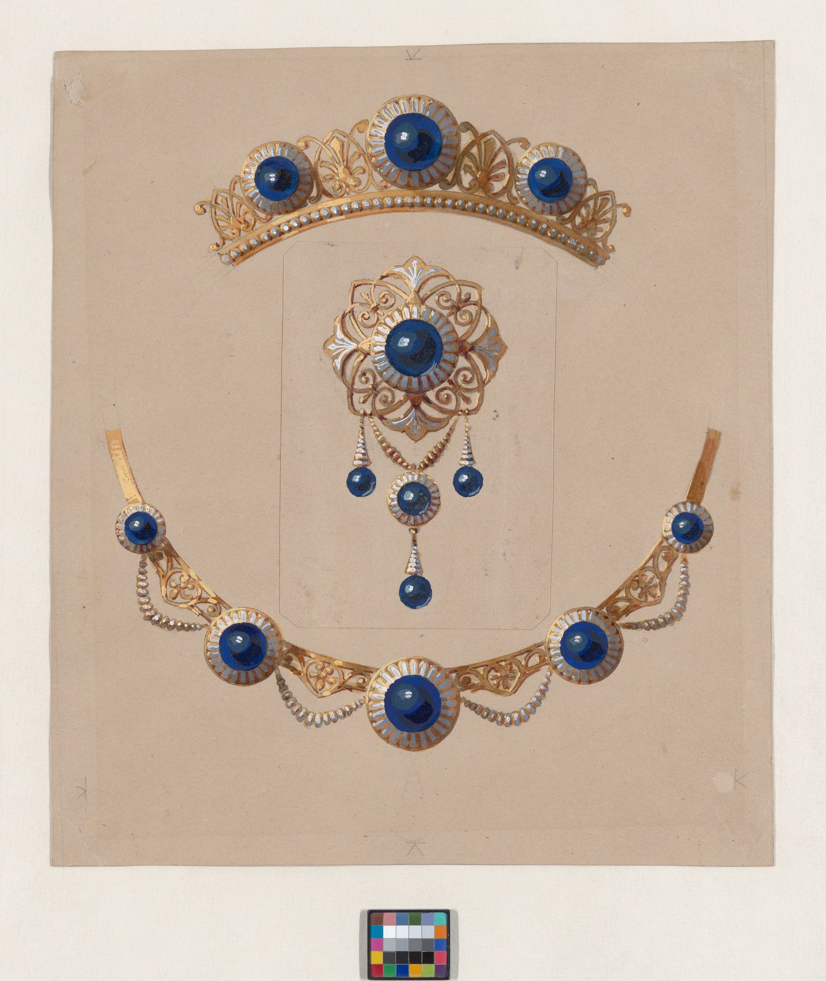 Parure of diadem, brooch and necklace with lapis lazuli and enamel by Alexis Falize